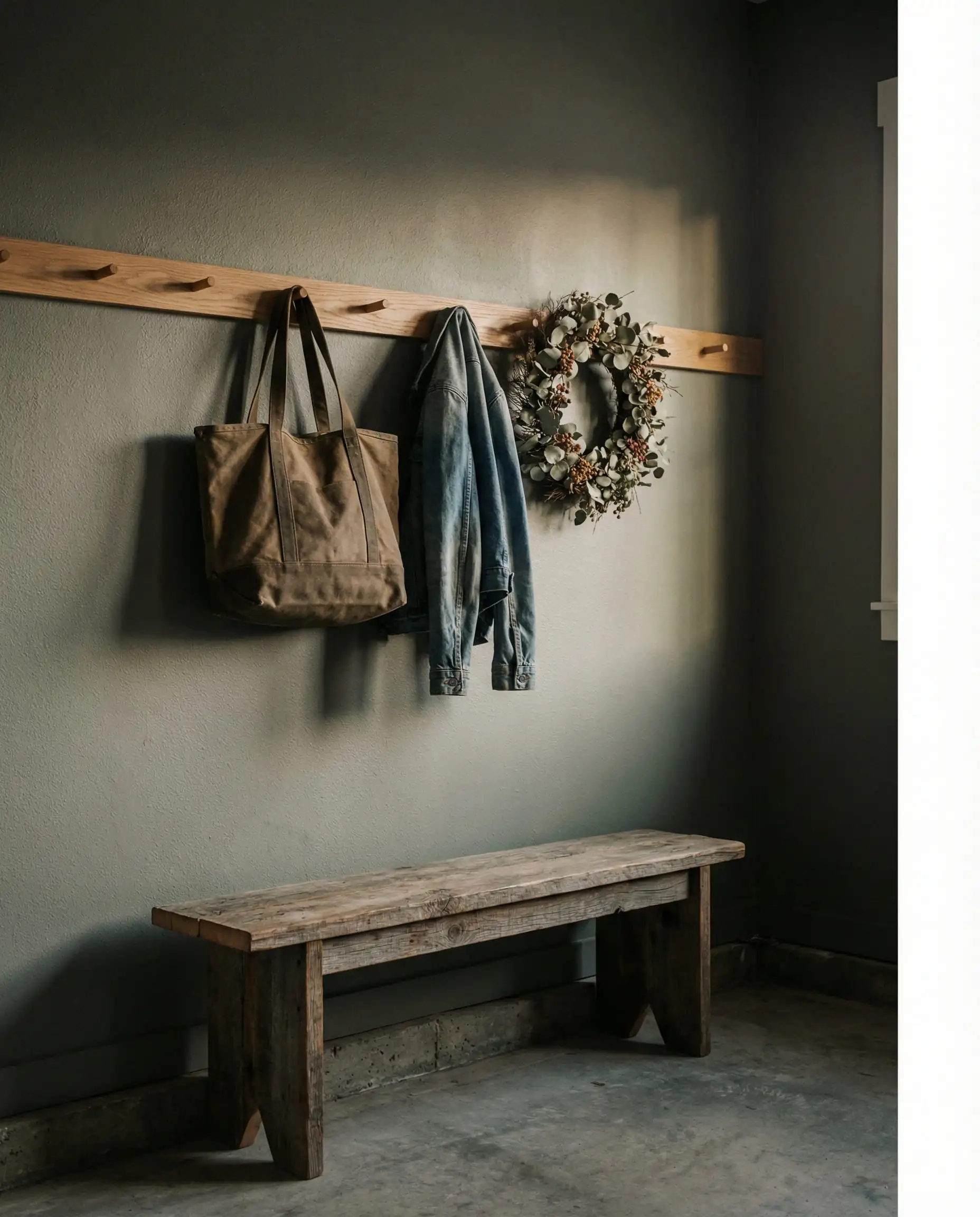 Moody garage corner painted in muted forest green with wooden shaker pegs holding bags and a denim jacket.