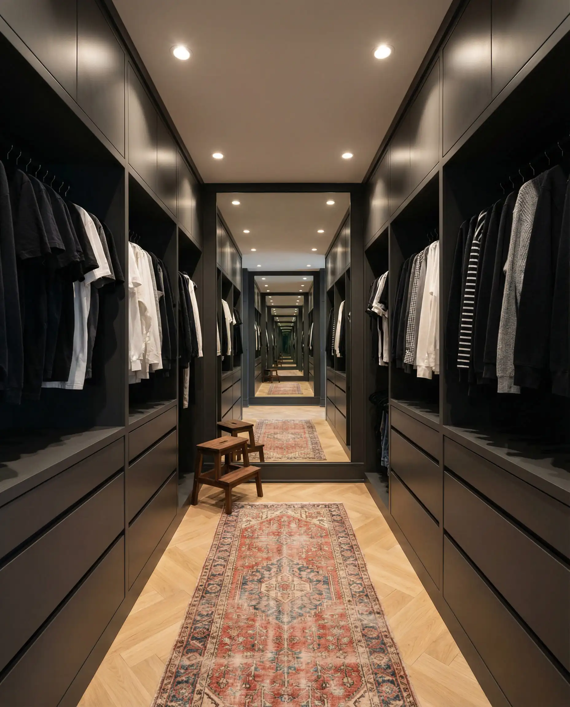 Narrow galley walk-in closet in charcoal gray with floor-to-ceiling storage and a vintage runner rug on herringbone floor.