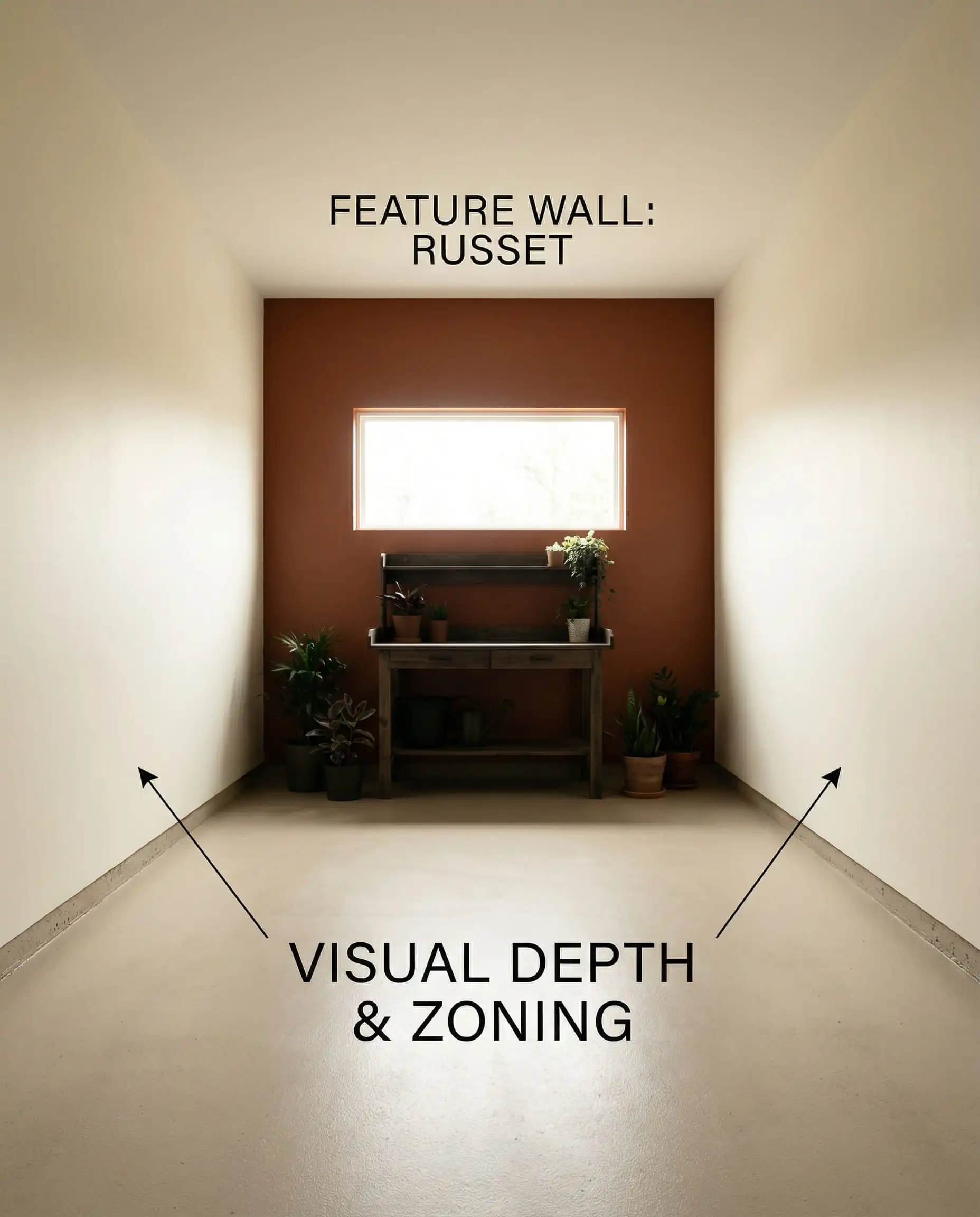 Interior design technique showing a garage with a red-brown feature wall at the back and neutral side walls to add visual depth.