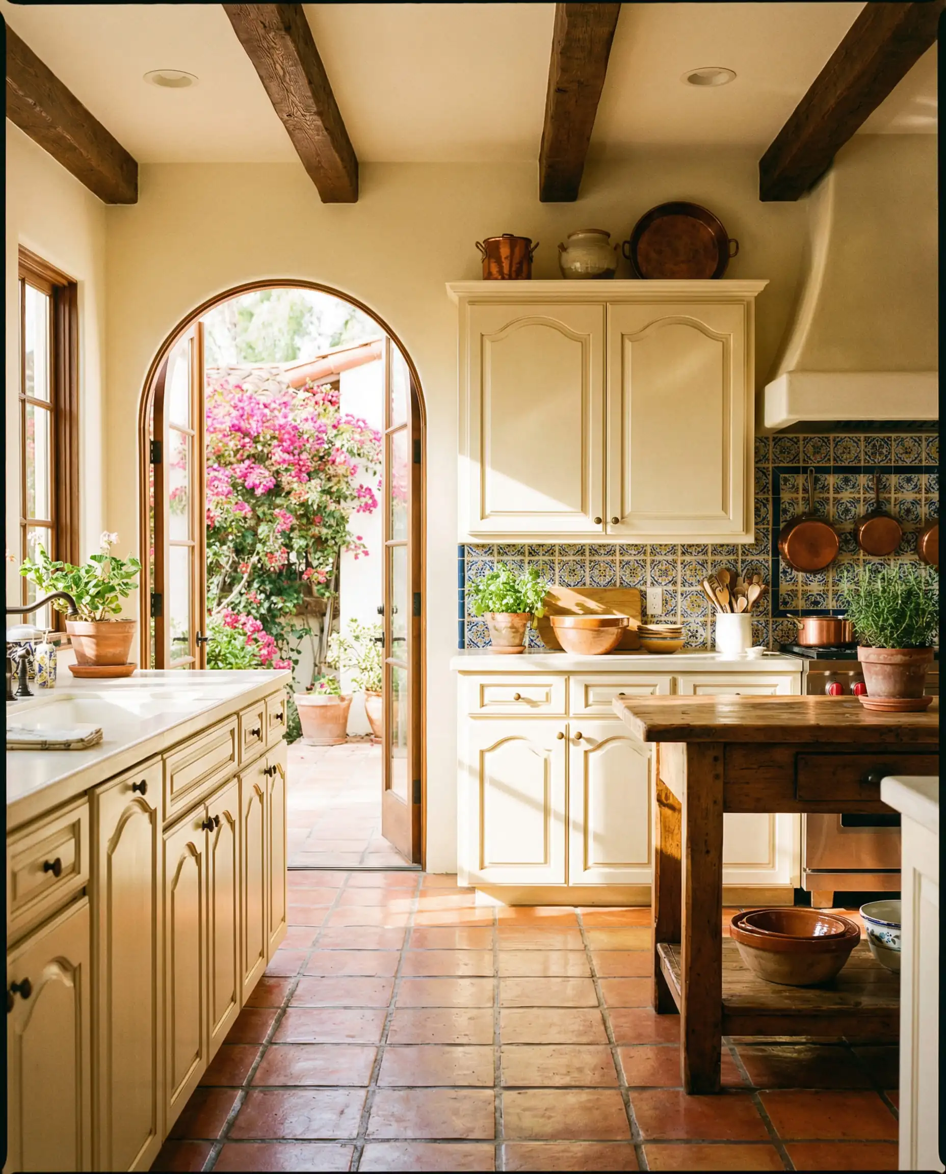 Sun-drenched Spanish style kitchen with cabinets painted in Sherwin-Williams Greek Villa SW 7551.