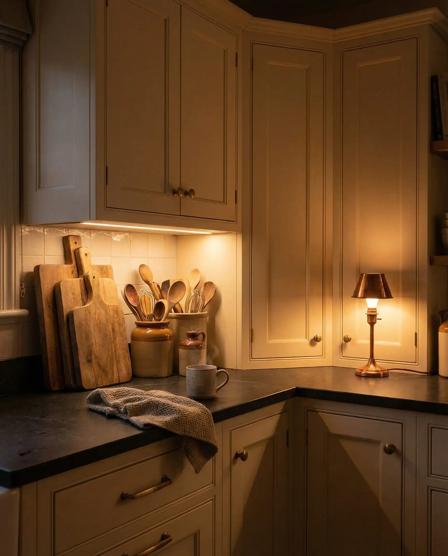 Cozy evening kitchen scene showing the creamy warmth of Sherwin-Williams Greek Villa cabinets in low light.