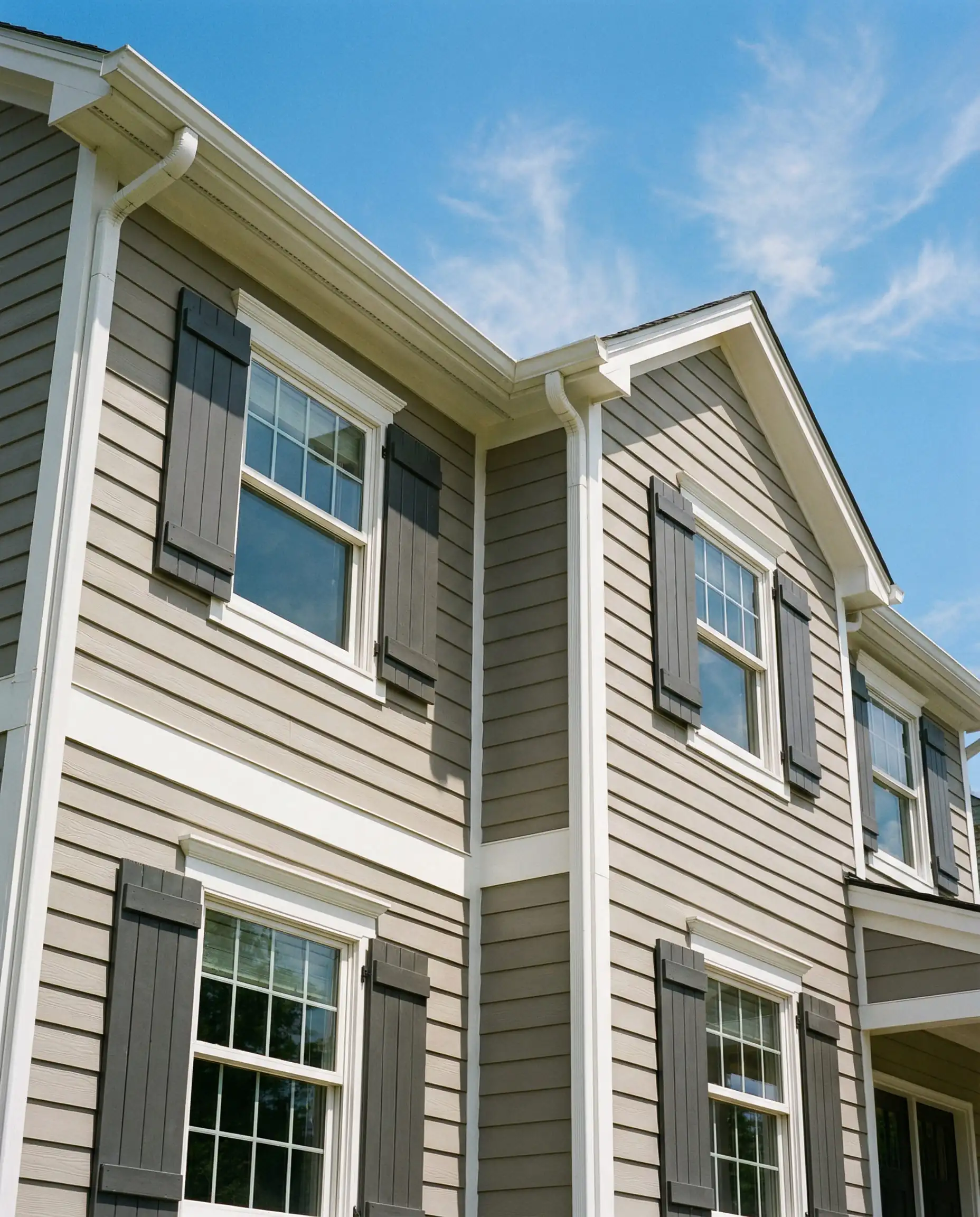 Classic suburban home elevation showing greige (gray-beige) lap siding with white trim and charcoal shutters against a blue sky.