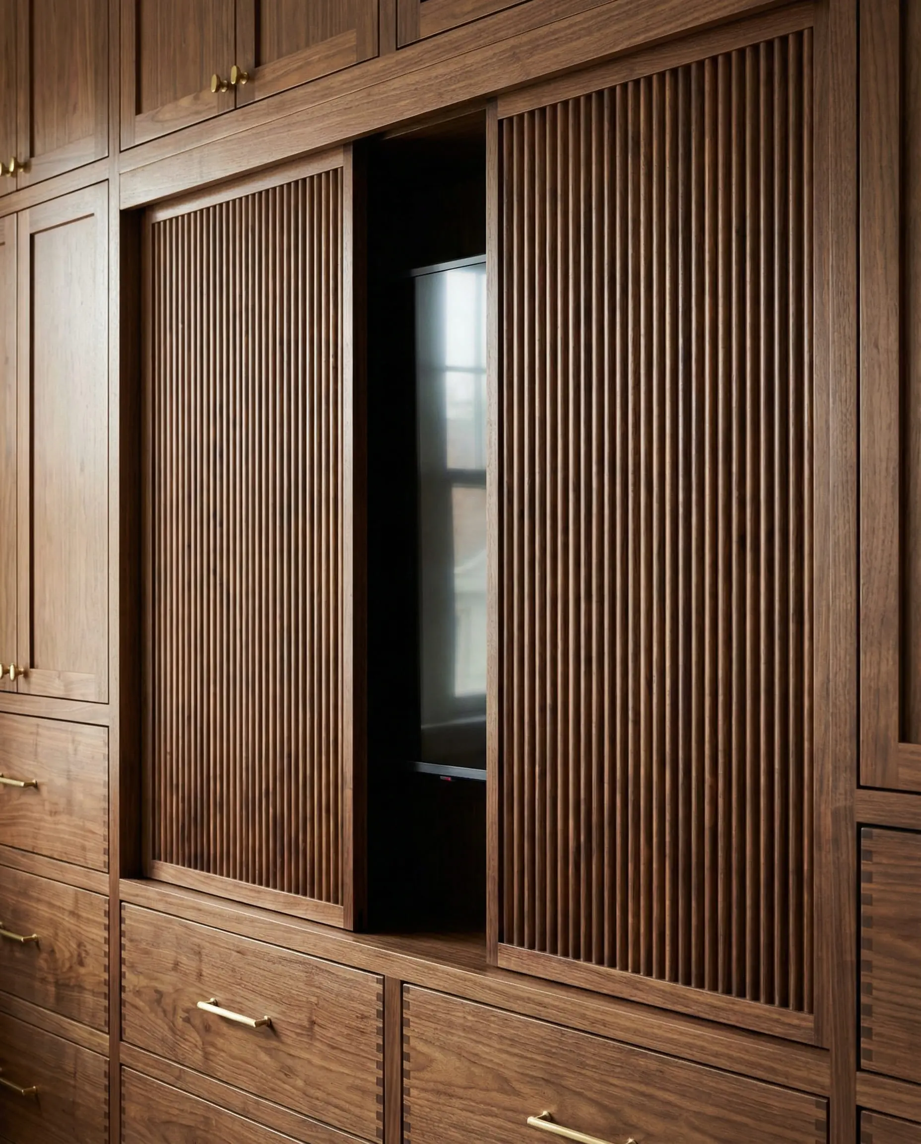 Custom walnut cabinetry with sliding reeded panels hiding a TV.