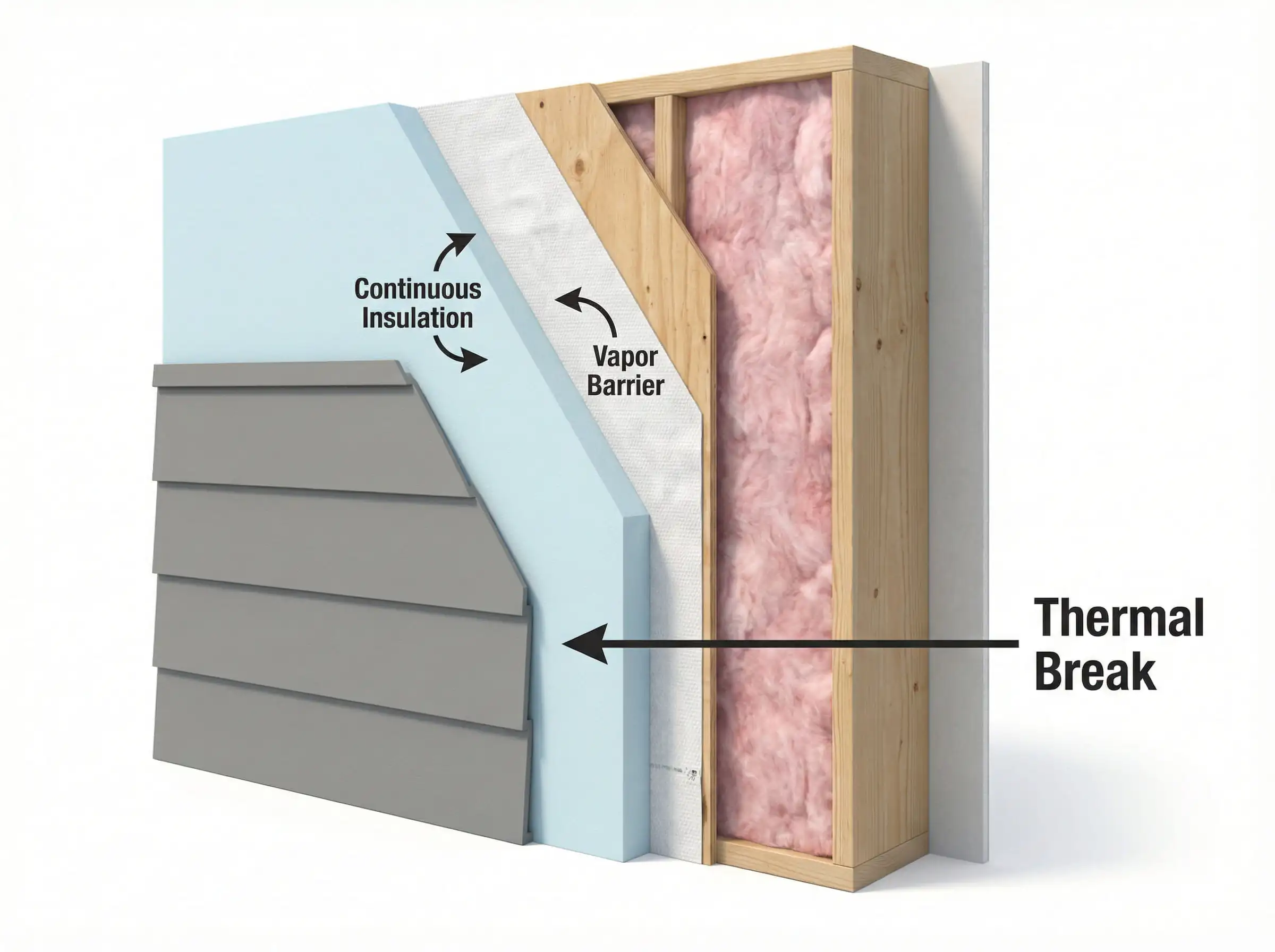 Technical 3D render of a wall cross-section showing layers of siding, rigid foam insulation, vapor barrier, and interior studs.