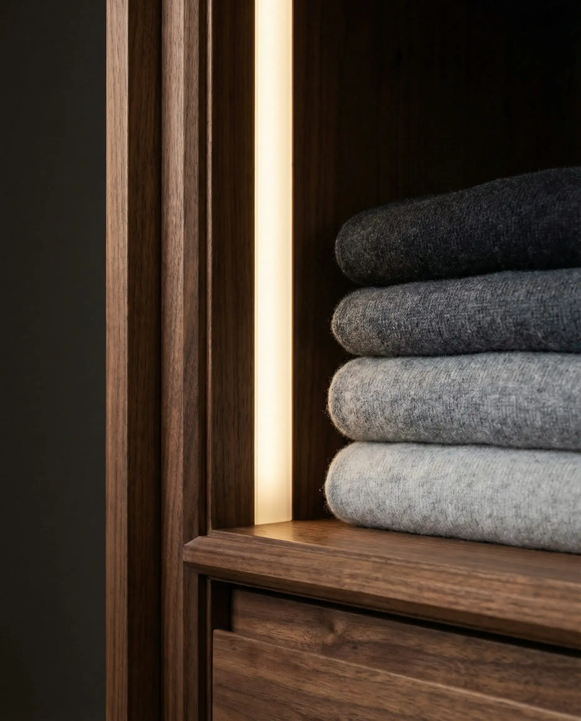 Close-up of vertical LED light strip routed into a walnut shelf illuminating folded sweaters.