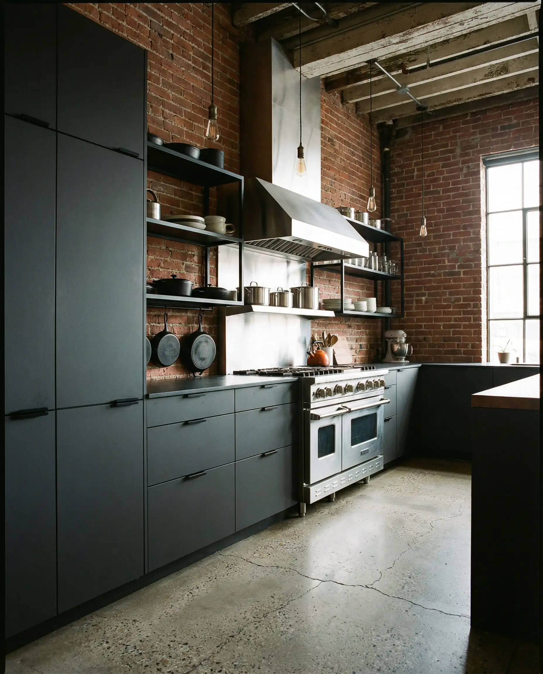 Industrial chic kitchen with flat panel cabinets in Sherwin-Williams Iron Ore SW 7069.