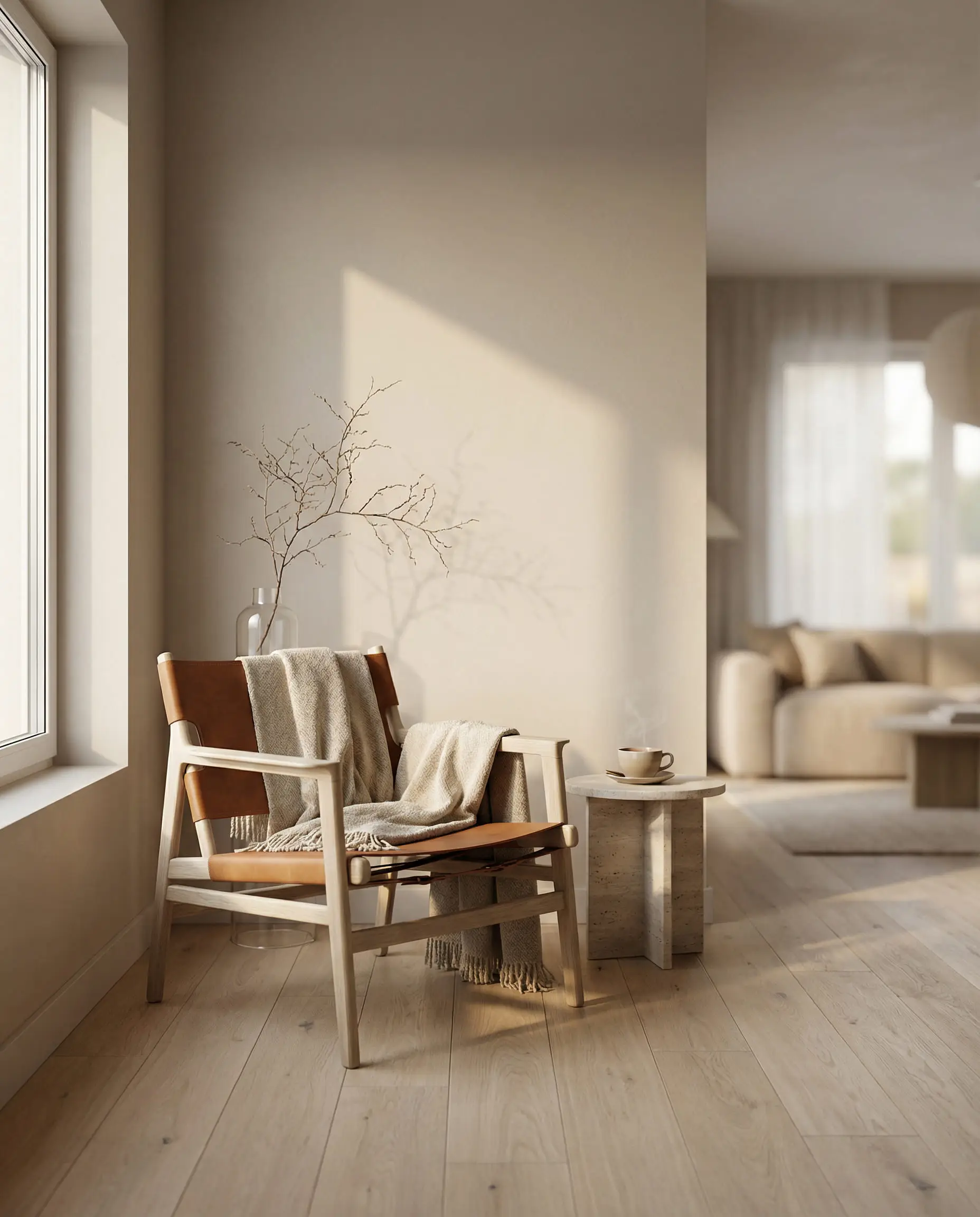 Family room corner painted in soft latte beige with minimalist oak armchair.