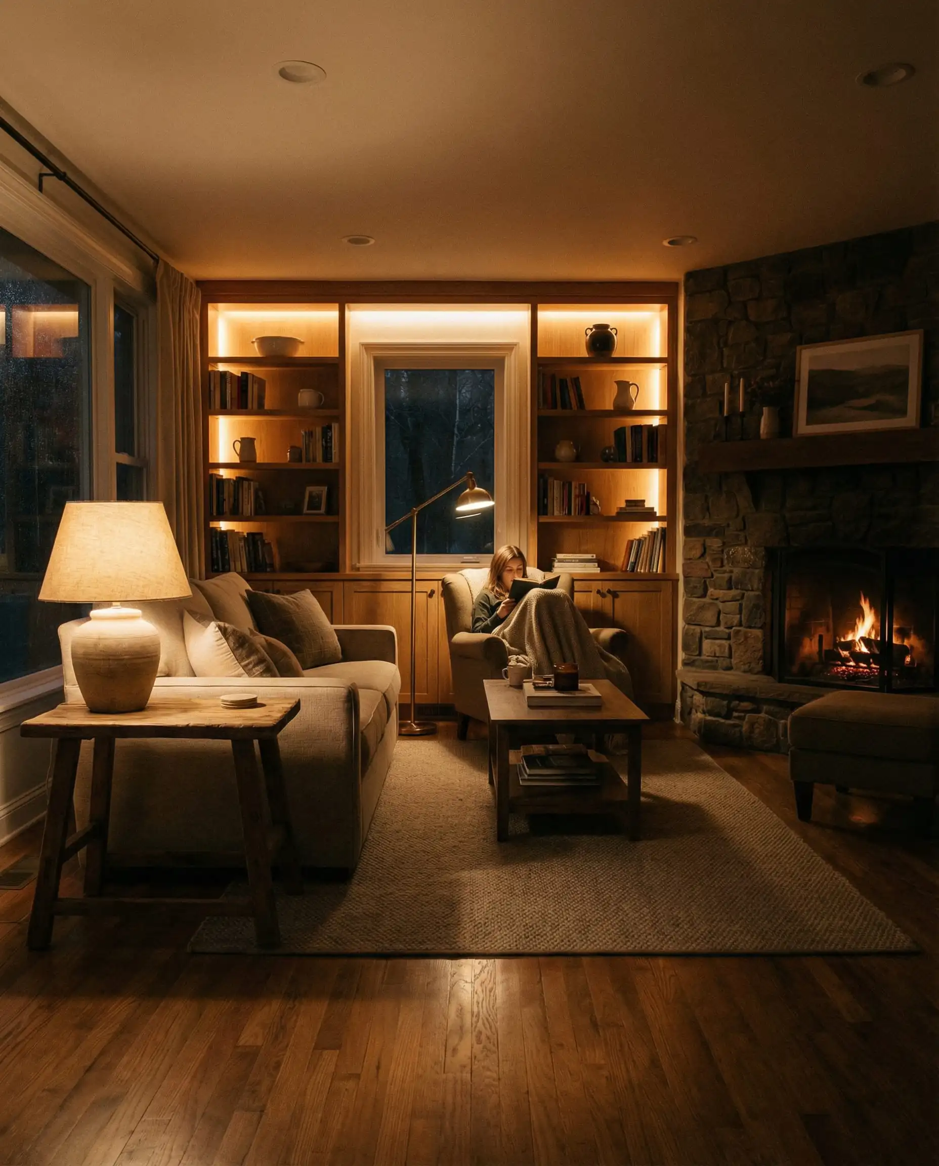 Cozy living room at night lit by lamps and LED accents, no overhead lights.