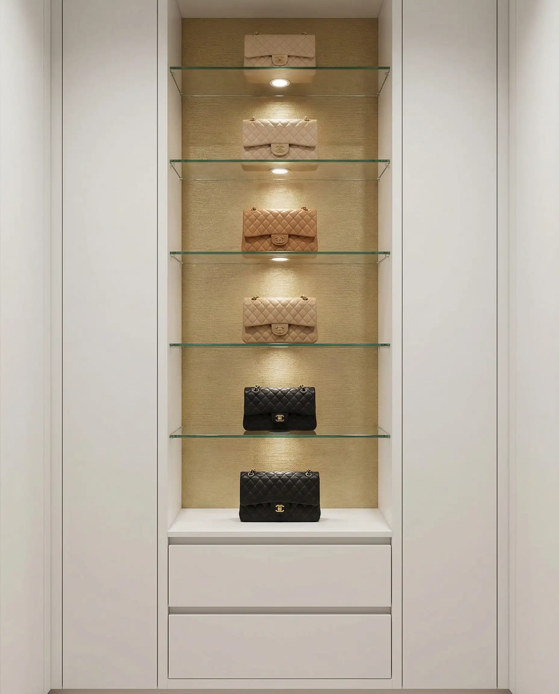Vertical shelving tower with individual backlights displaying designer handbags against gold textured wallpaper.