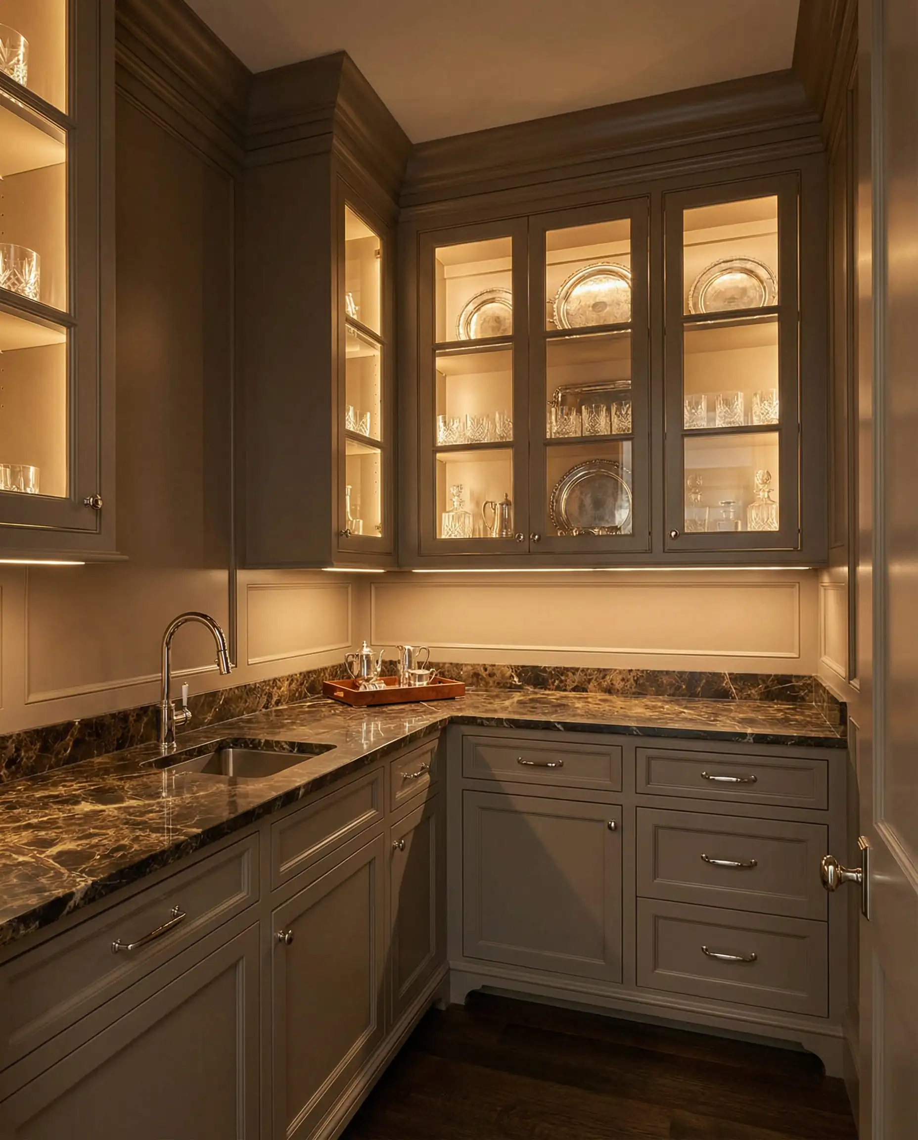 Luxury butler's pantry painted in Sherwin-Williams Loggia SW 7506 with glass cabinets and dark marble.