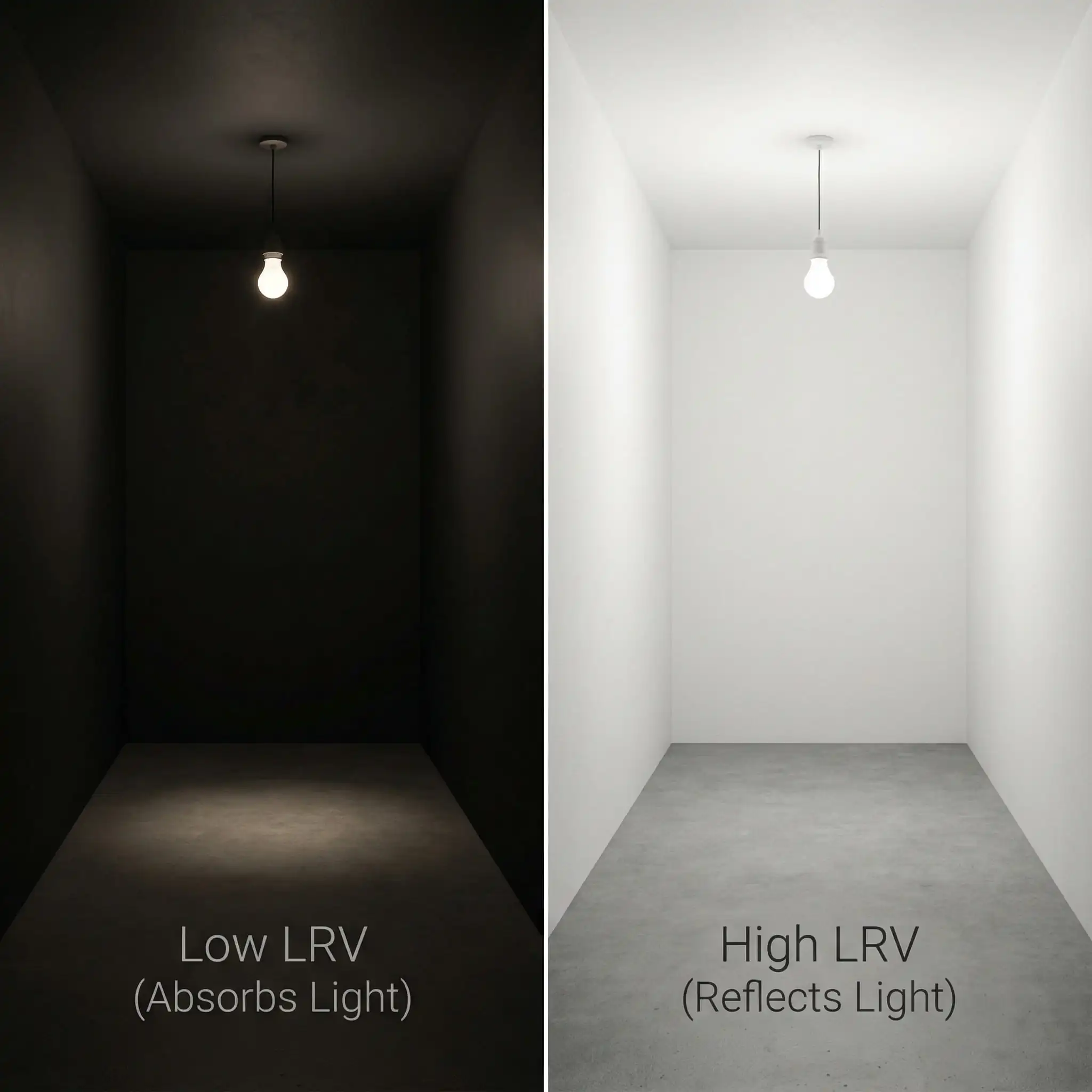 Split screen comparison showing a dark garage with low LRV paint absorbing light versus a white garage with high LRV paint reflecting light.