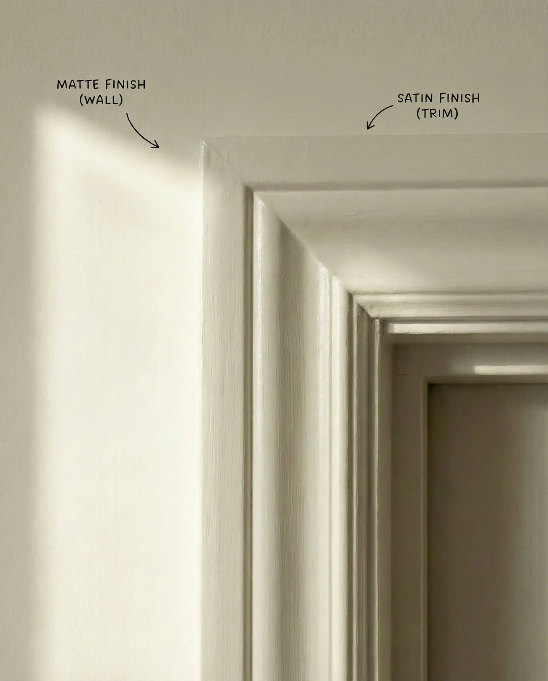 Detail shot showing the texture difference between matte walls and semi-gloss trim in the same Benjamin Moore color.