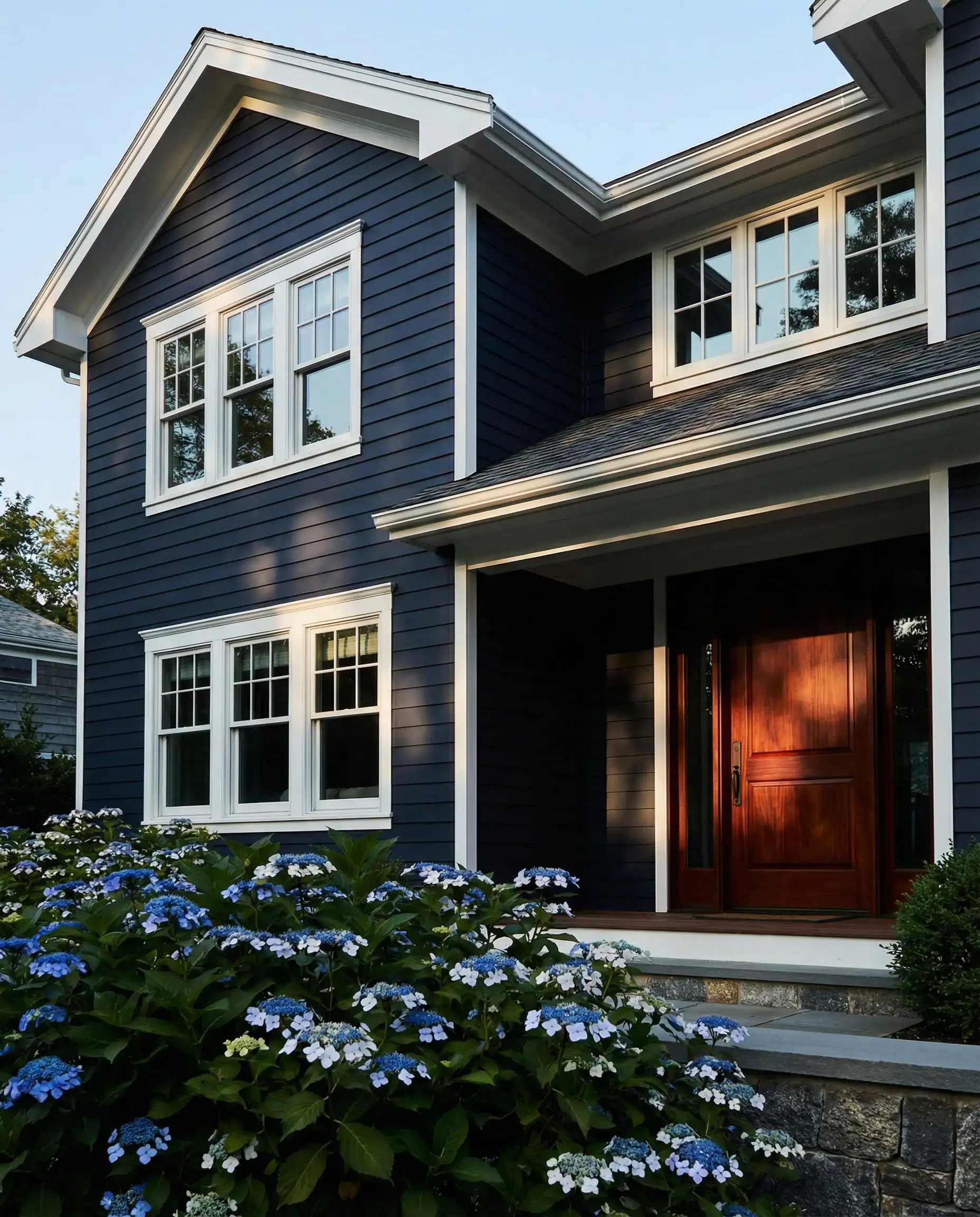 Coastal modern home exterior featuring deep midnight navy blue hardie board siding, crisp white trim, and a mahogany front door with hydrangeas in the foreground.