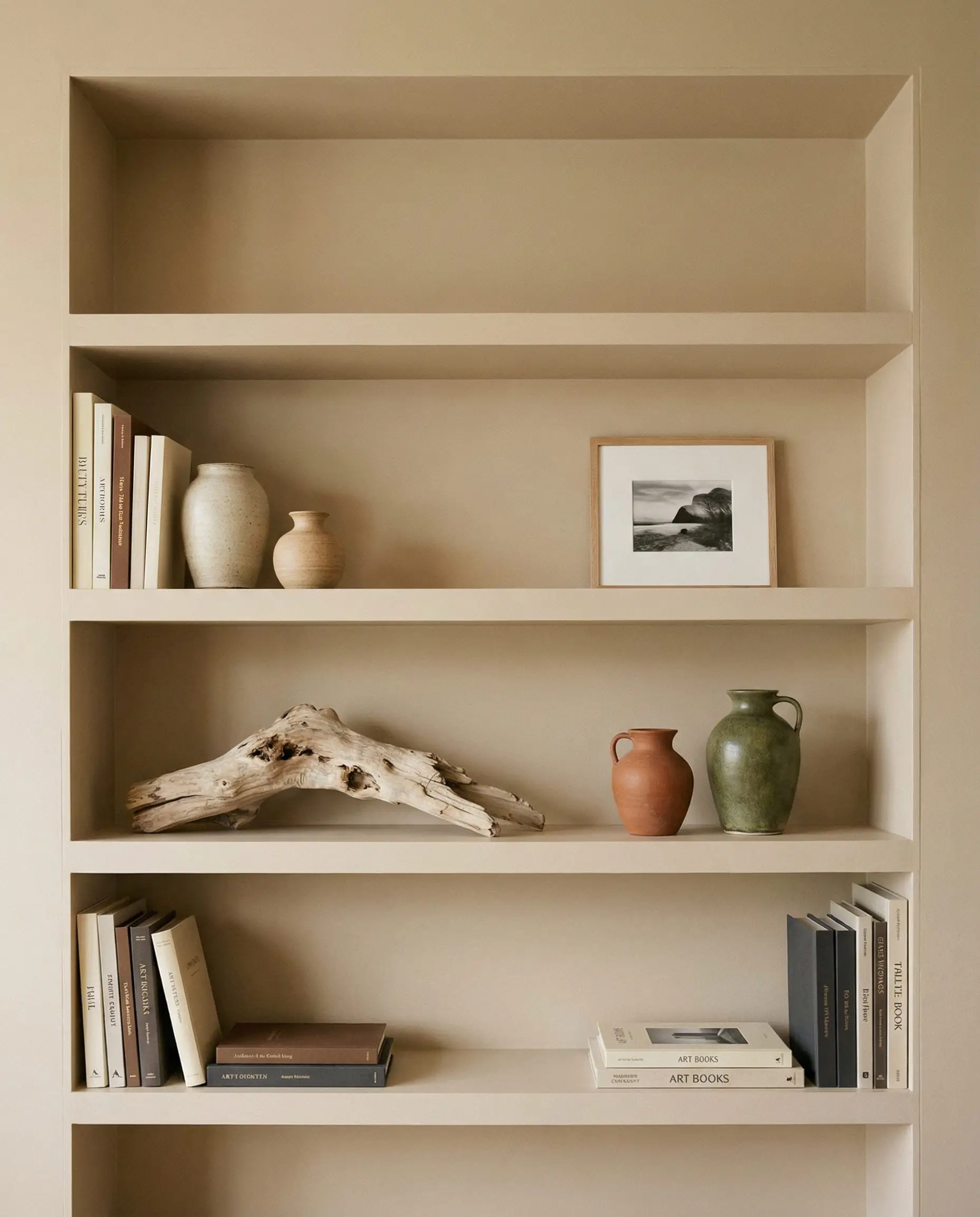 Built-in bookshelf styled with art books and ceramics using negative space.