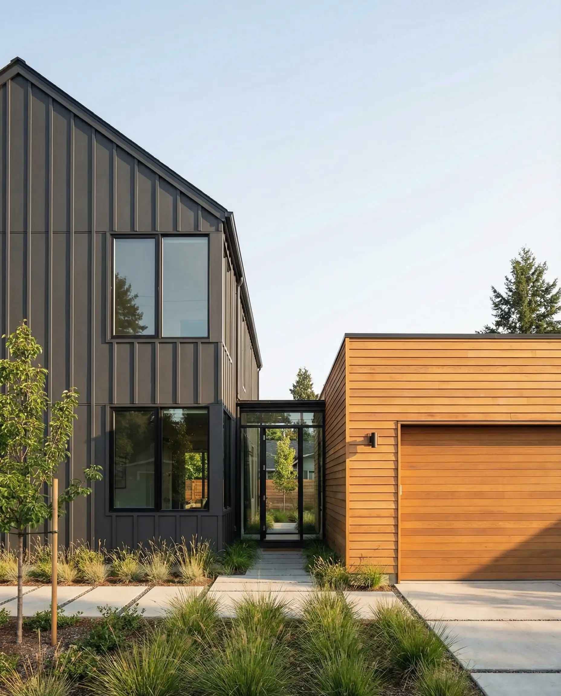 Modern home distinguishing volumes by siding type: dark vertical board and batten on the main house and horizontal natural wood on the garage.
