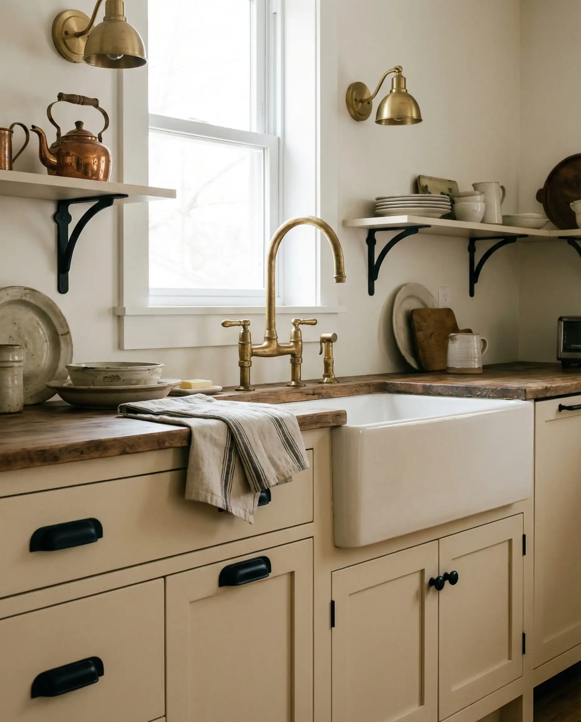 Kitchen sink area showing brass faucet and black pulls on Natural Linen cabinets.