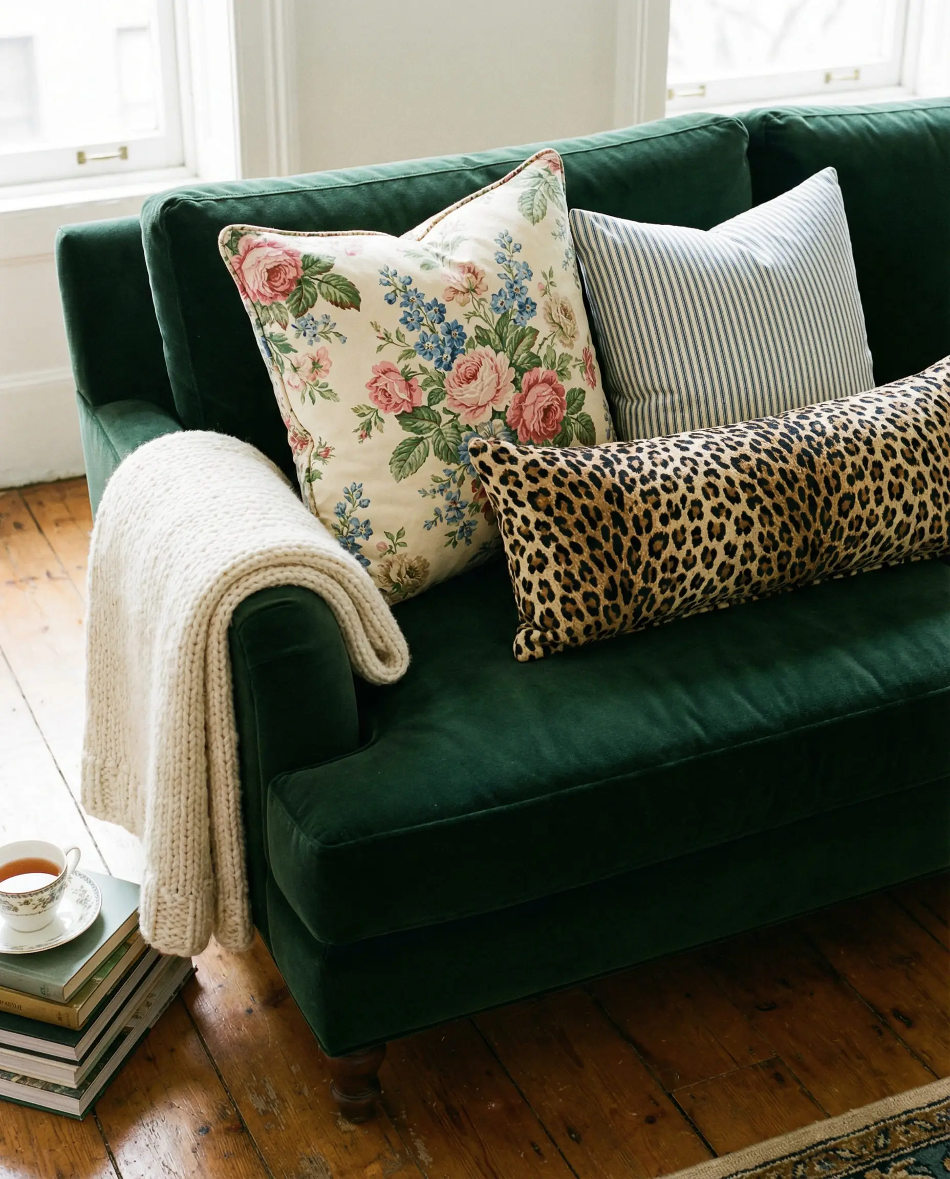 Sofa corner featuring mixed throw pillows in stripes, florals, and animal print.