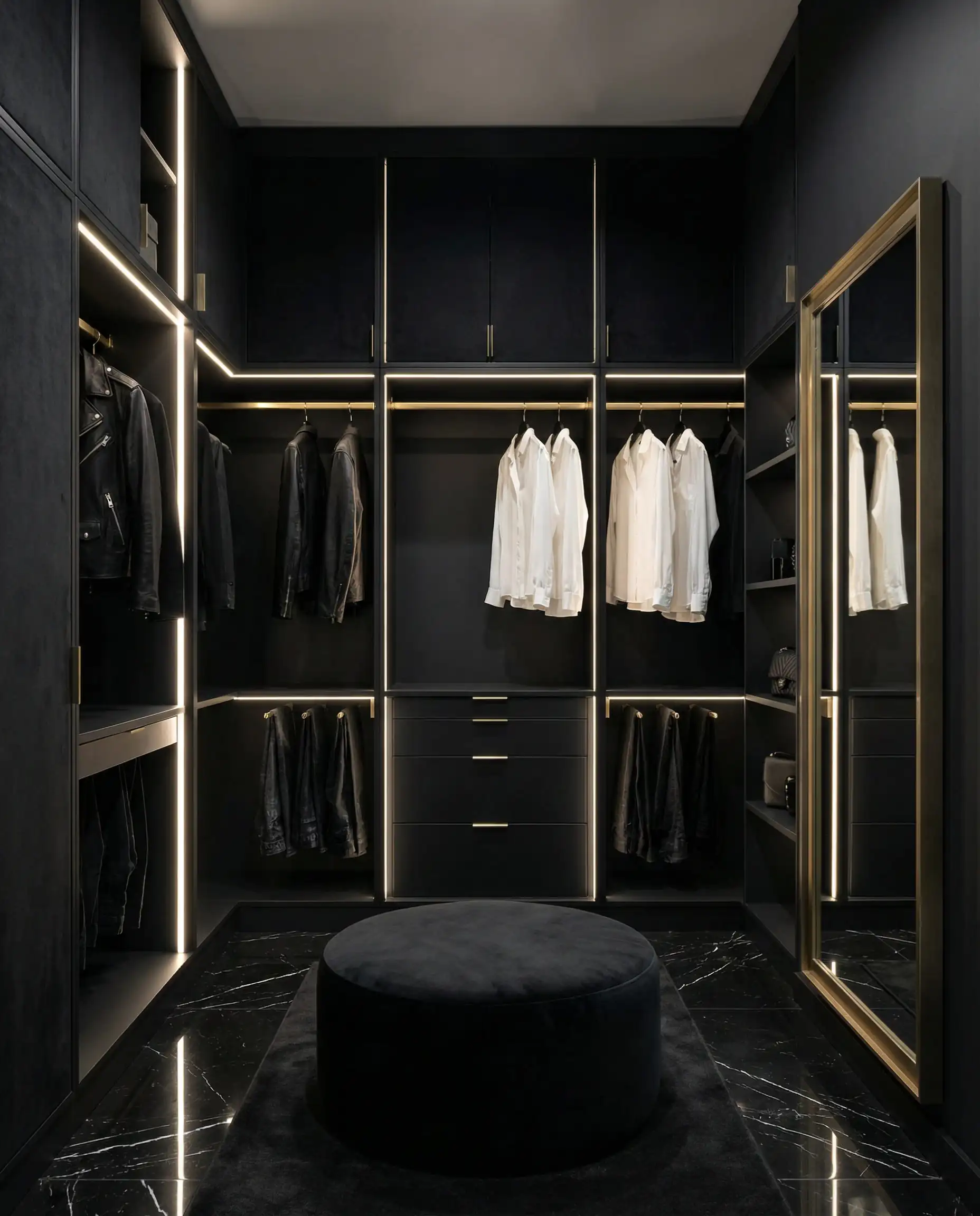 Sleek all-black walk-in closet with matte finishes, LED grid lighting, and brushed gold hardware accents.