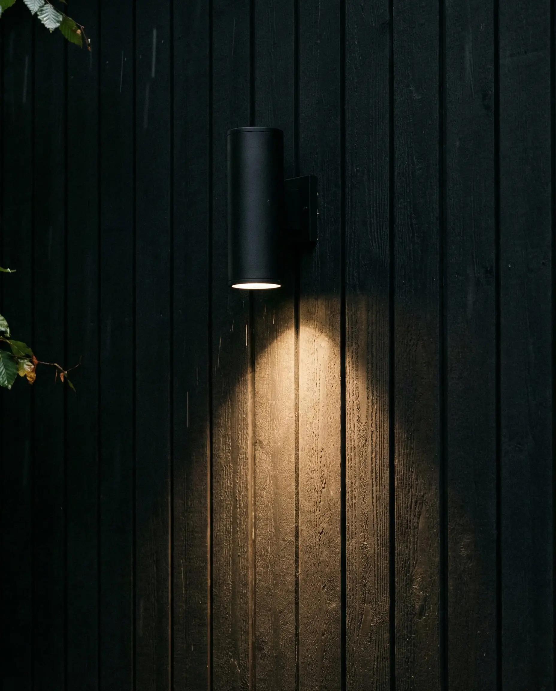 Close up of a cylindrical matte black downlight mounted on black vertical siding, revealing the wood grain texture in the light cone.