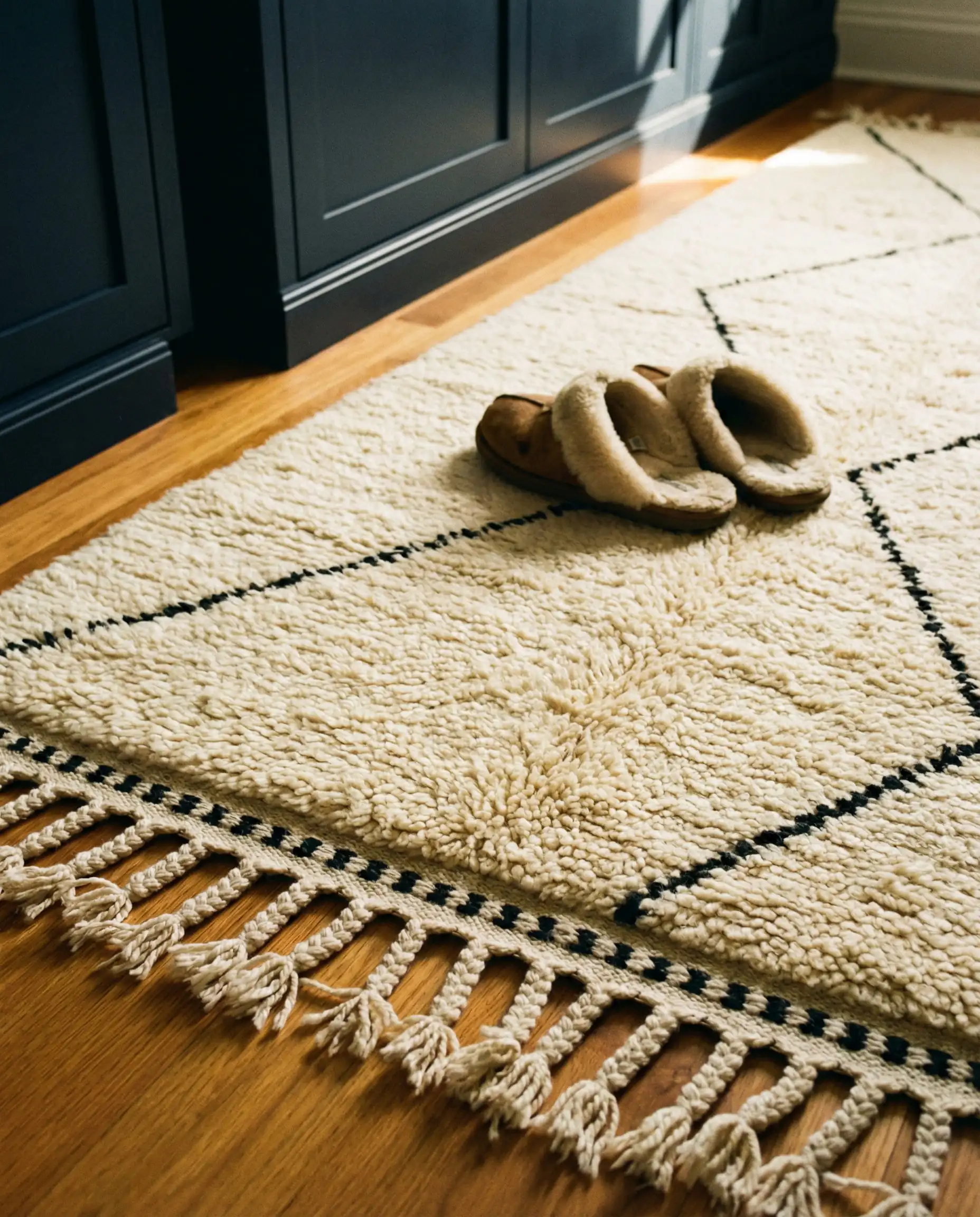 Plush Moroccan wool runner rug on a wood floor in a walk-in closet, adding texture.