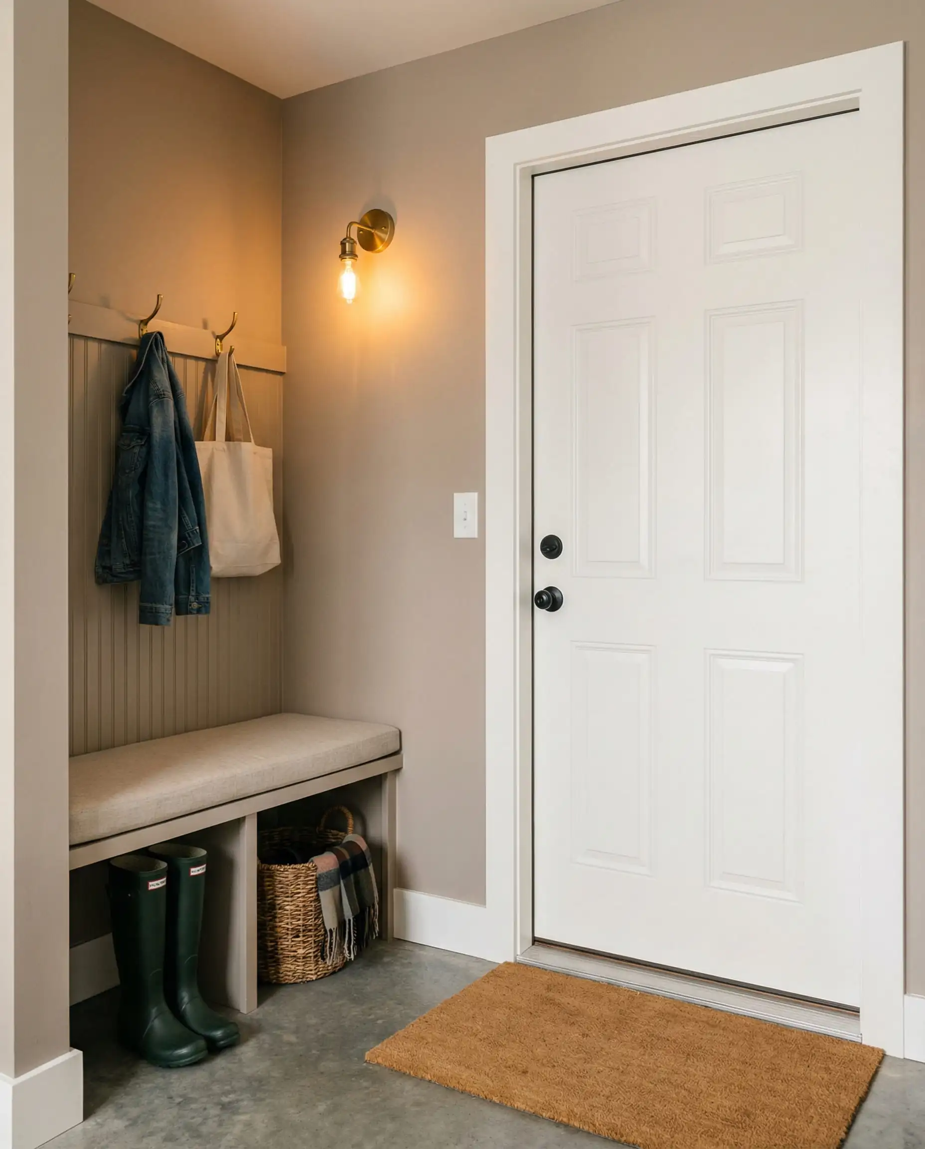 Garage entry door area designed as a mudroom with mushroom-colored walls, built-in bench, rain boots, and wall sconce lighting.