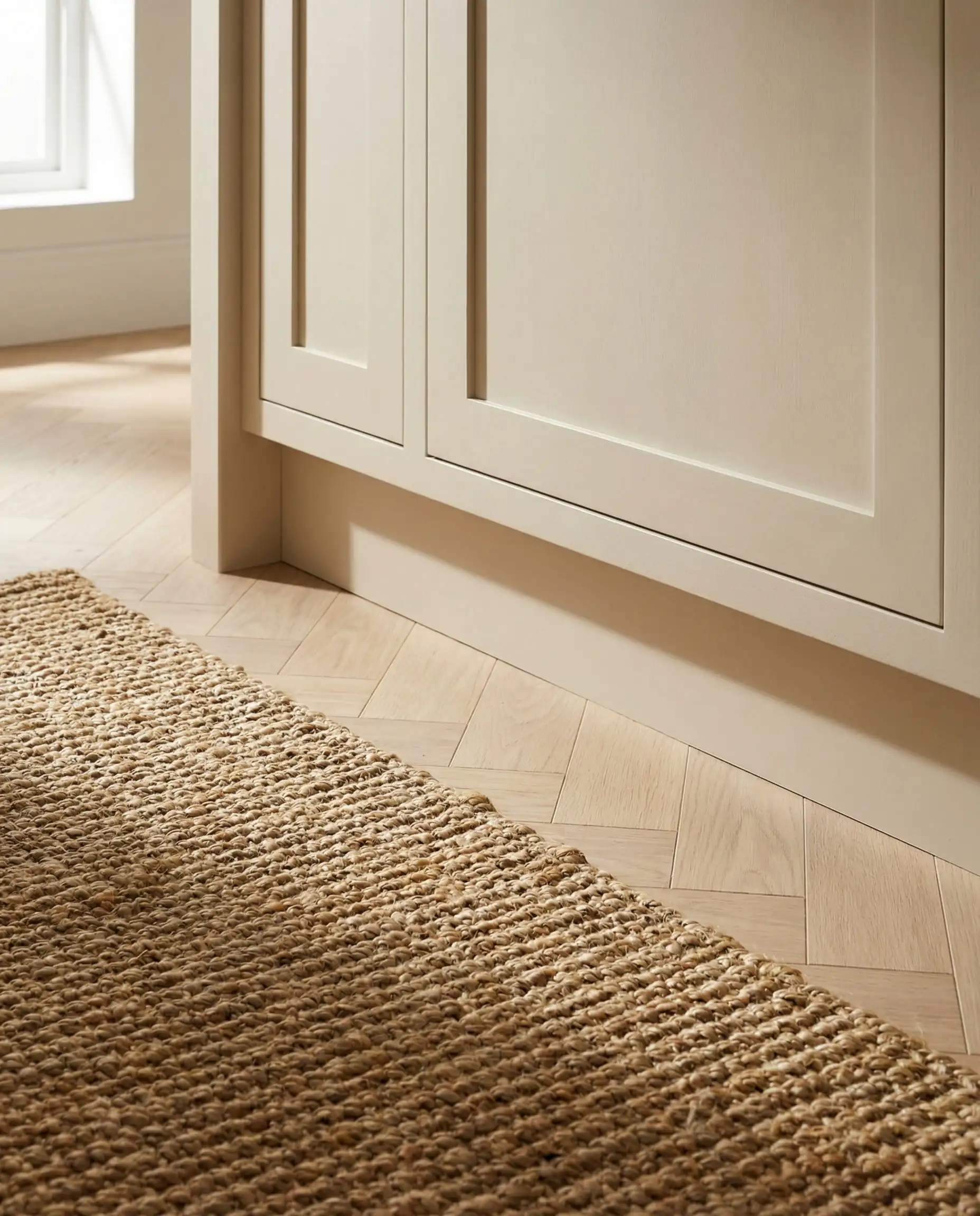 Detail of Sherwin-Williams Natural Linen cabinet base meeting a jute rug and herringbone white oak floor.