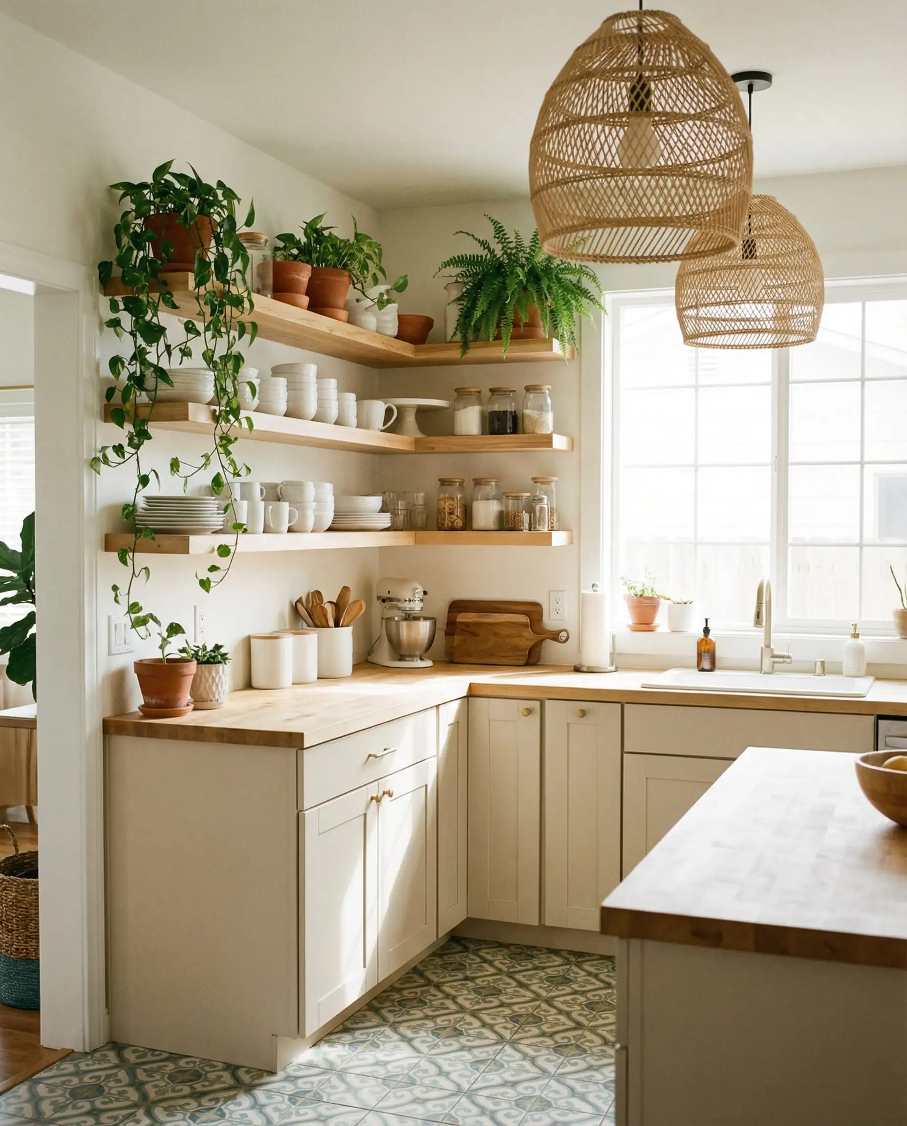 Small Scandi-Boho kitchen with open shelving and cabinets painted in Sherwin-Williams Natural Linen SW 9109.