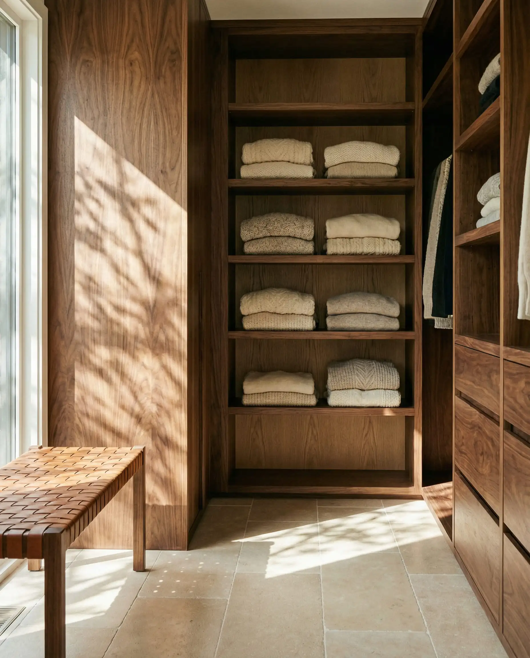 Organic modern closet featuring natural walnut wood cabinetry with oil finish and open shelving with knitwear.