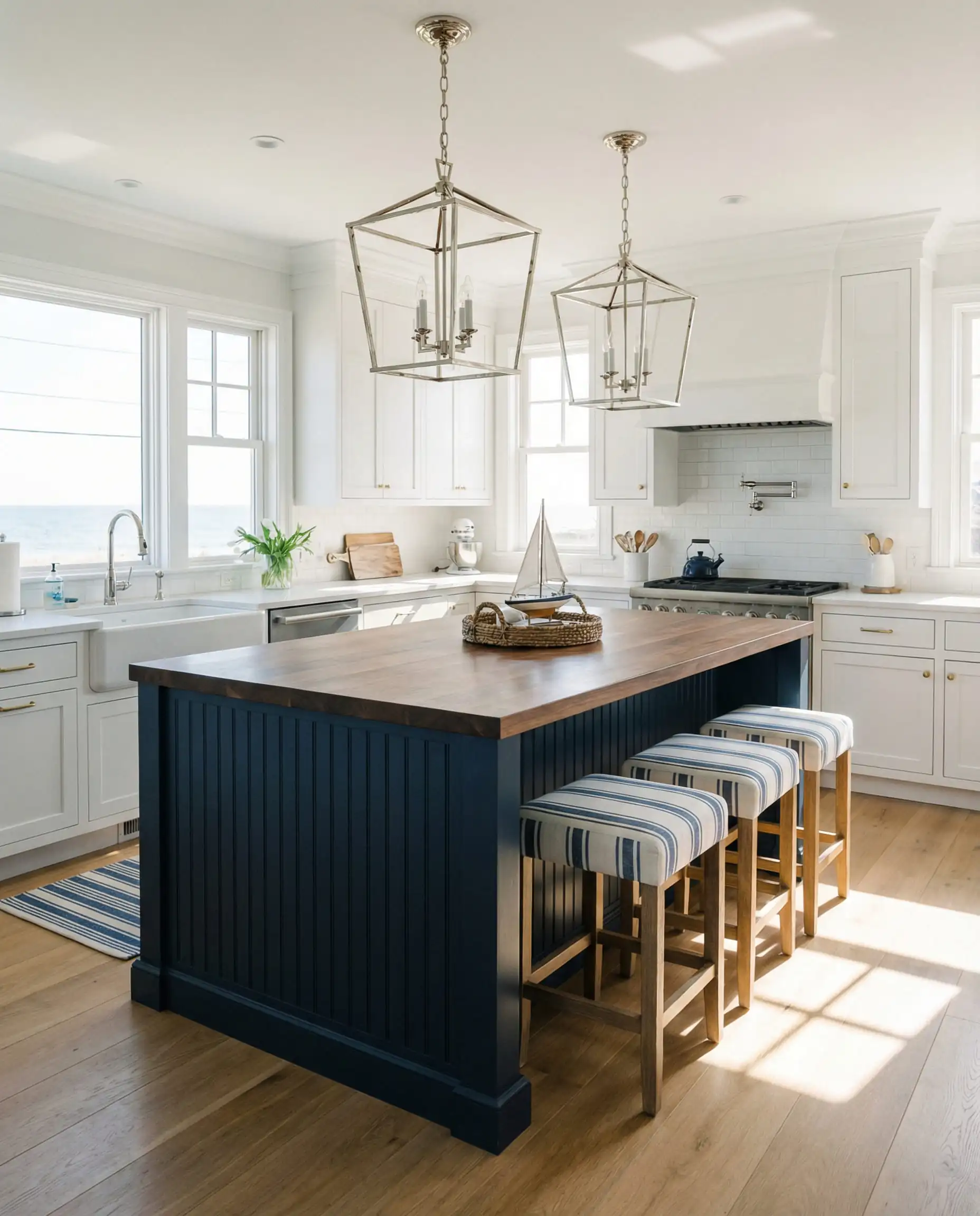 Coastal kitchen with a large island painted in Sherwin-Williams Naval SW 6244 and walnut countertop.
