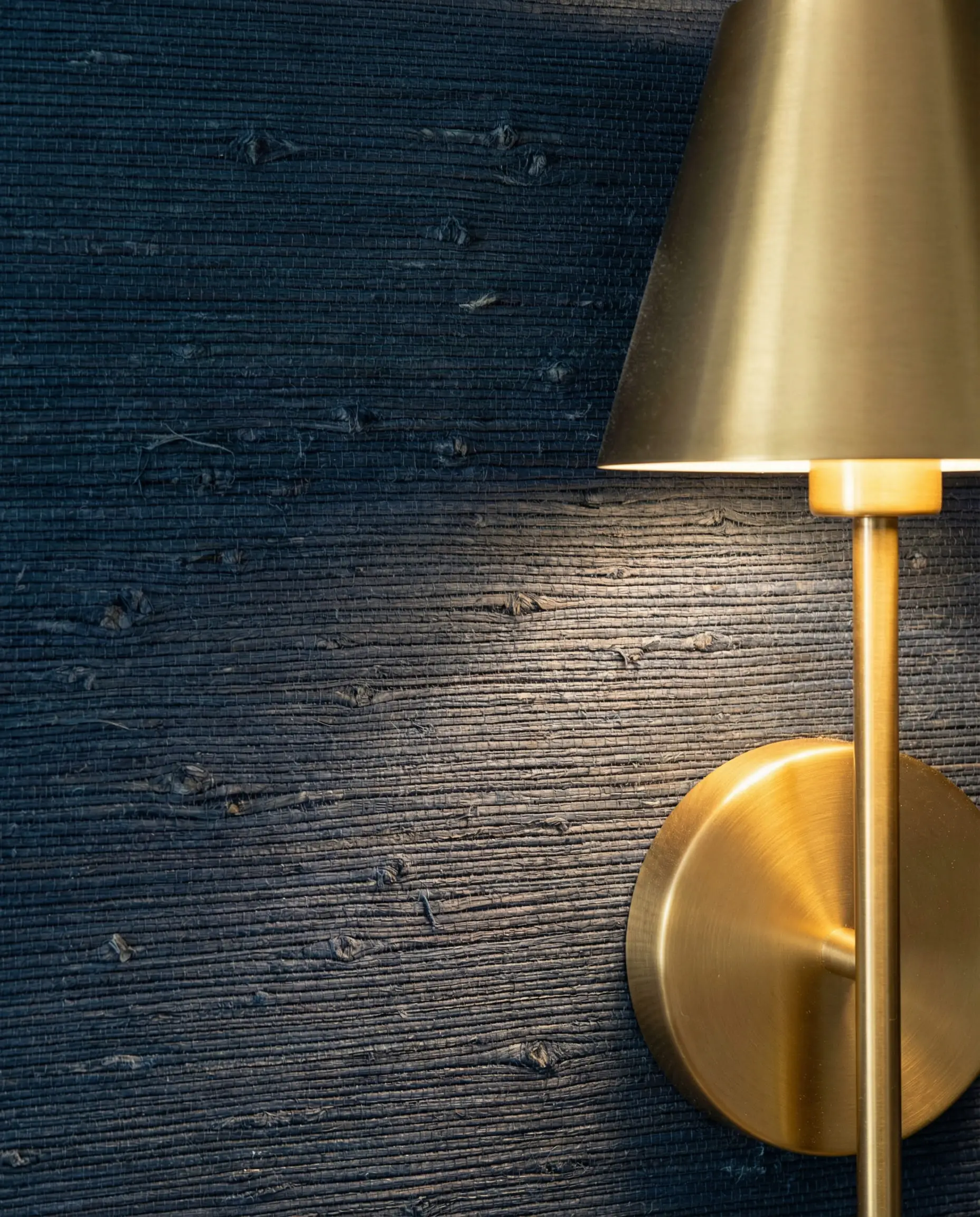 Navy blue grasscloth wallpaper texture with gold wall sconce.