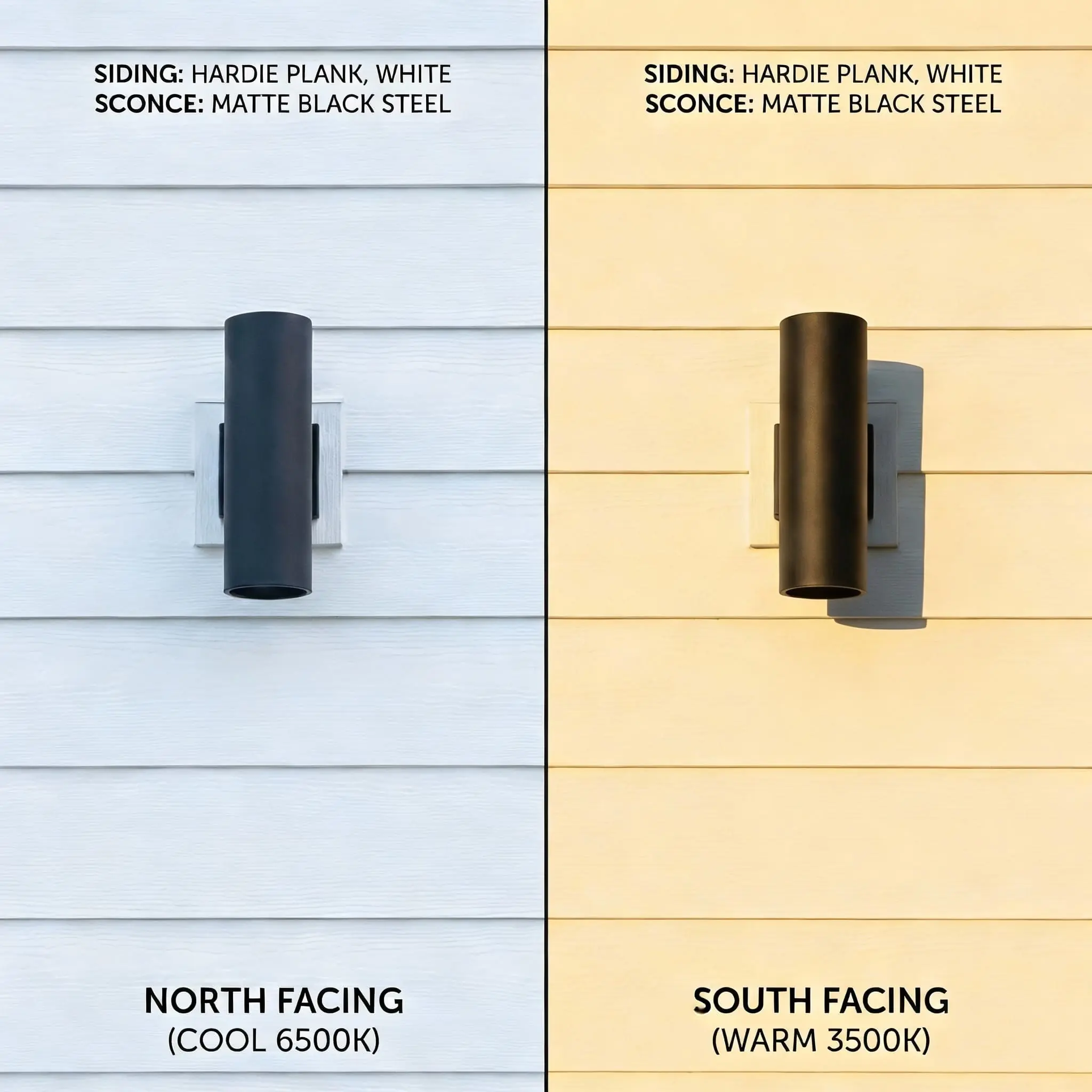 Split screen comparison showing how white exterior paint looks cool in North-facing light versus warm in South-facing light.