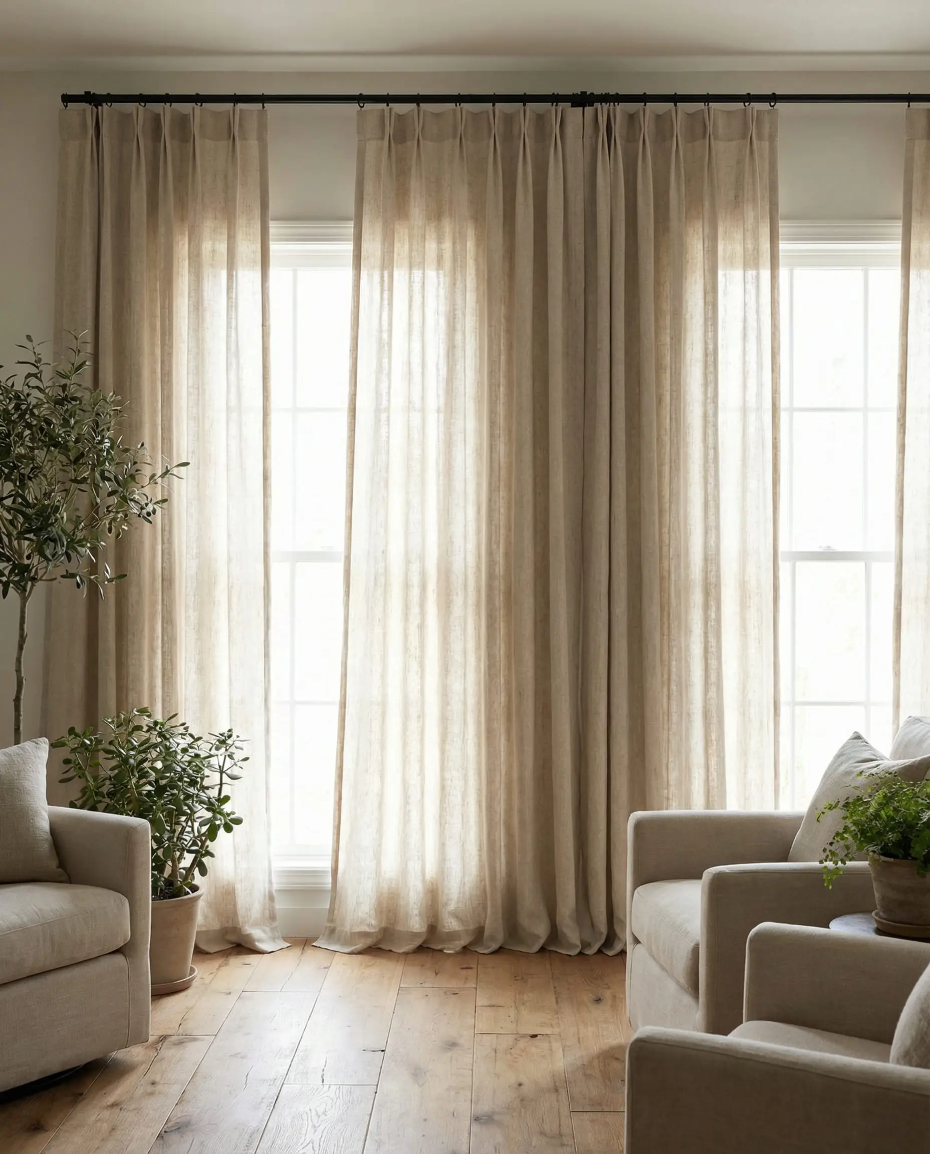 Floor-to-ceiling oatmeal linen drapes filtering sunlight.