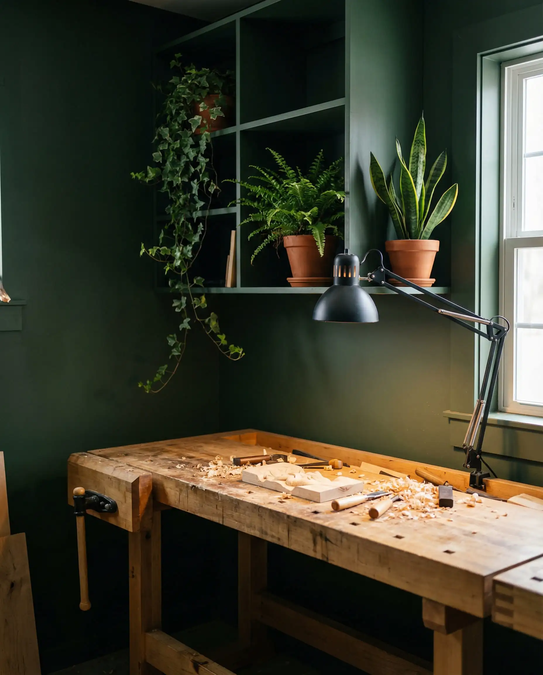 Garage workshop with deep olive green walls, a maple butcher-block workbench, and potted plants on shelves.