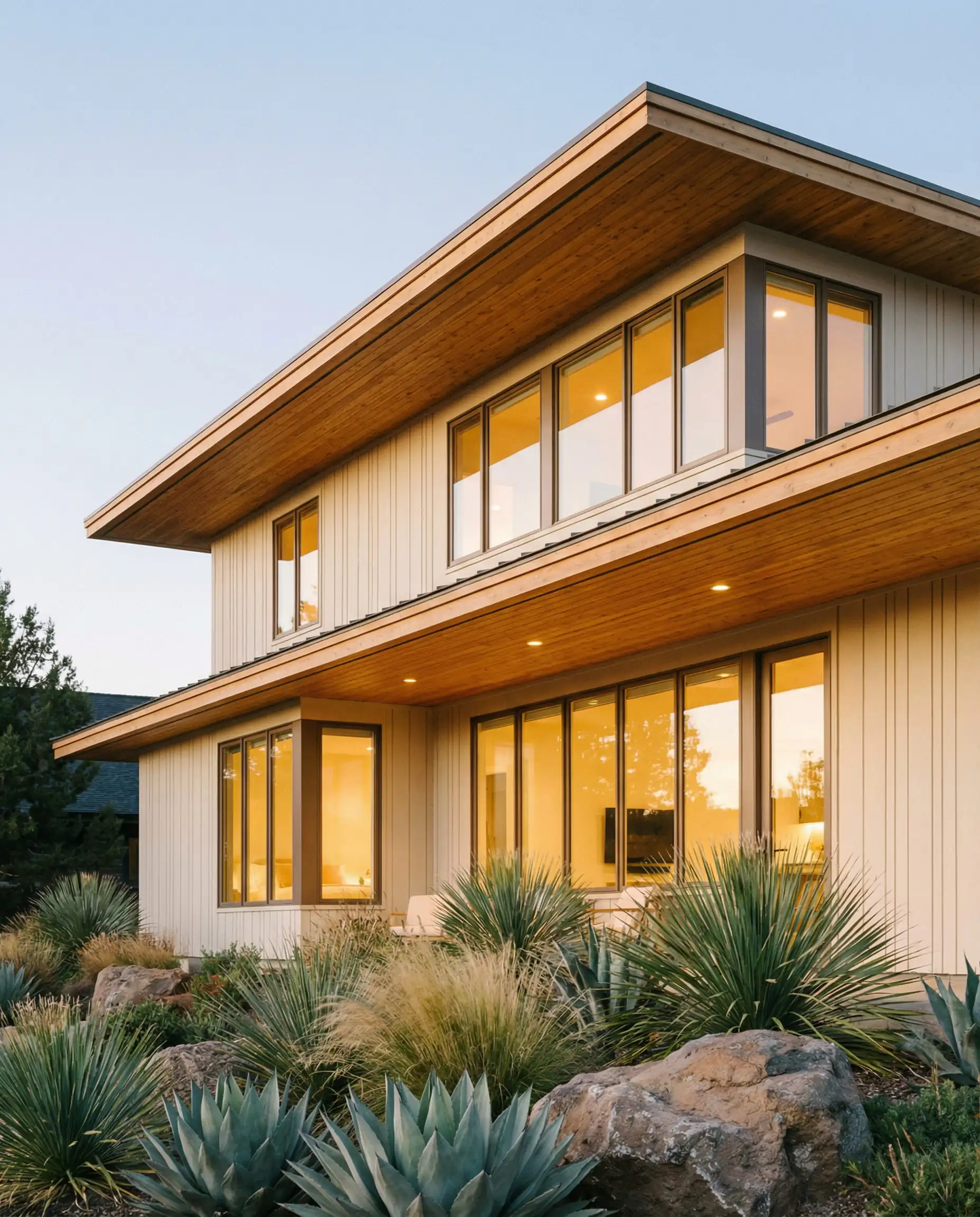 Wide shot of an organic modern home with cream vertical siding, bronze windows, and warm natural cedar wood soffits and overhangs.