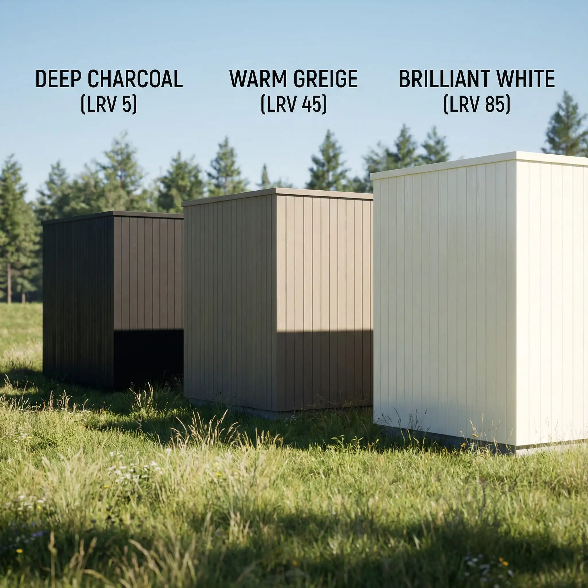 3D architectural visualization comparing black (LRV 5), greige (LRV 45), and white (LRV 85) exterior paint reaction to sunlight.