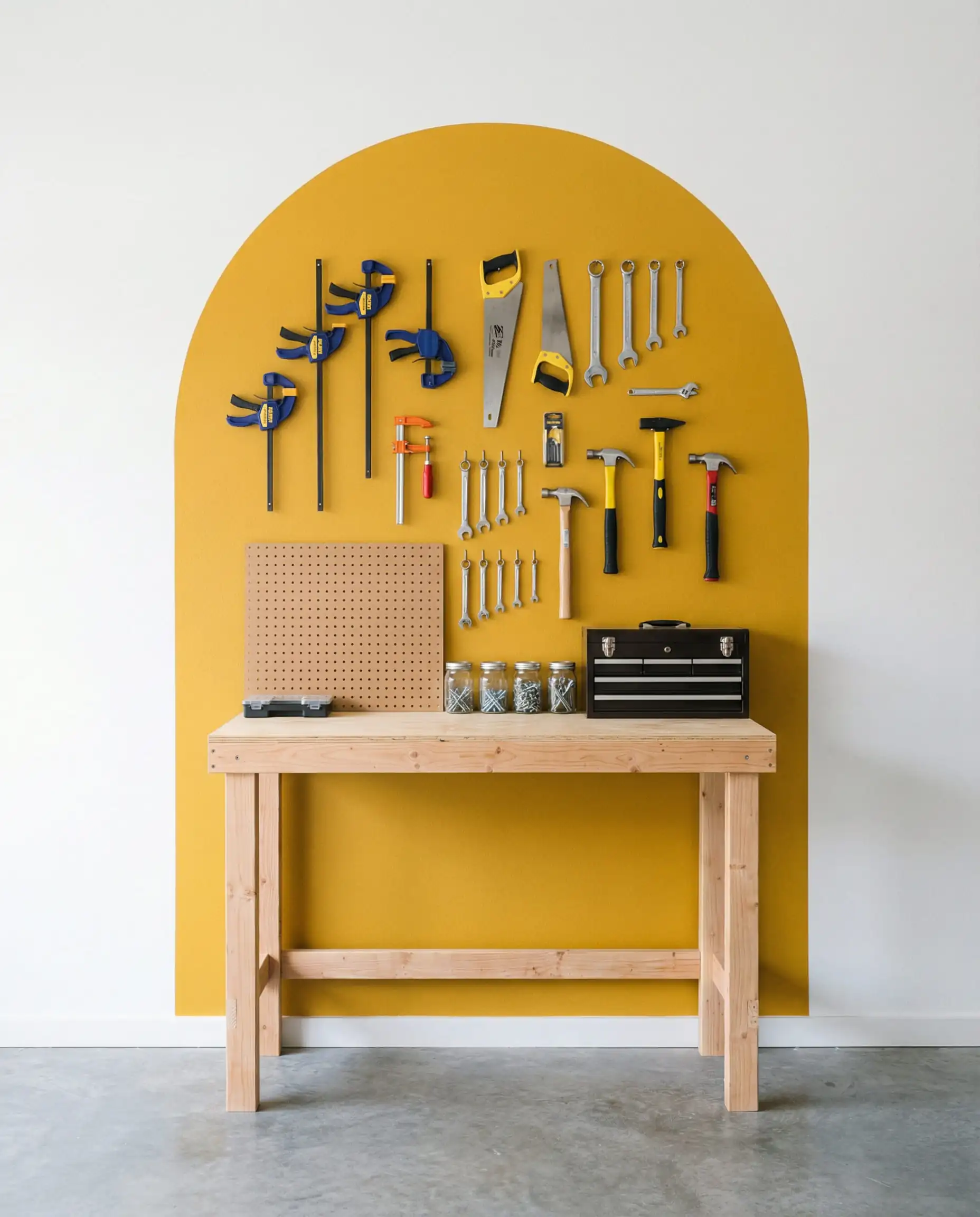 DIY workbench area defined by a mustard yellow painted arch on a white garage wall with tools hanging inside.