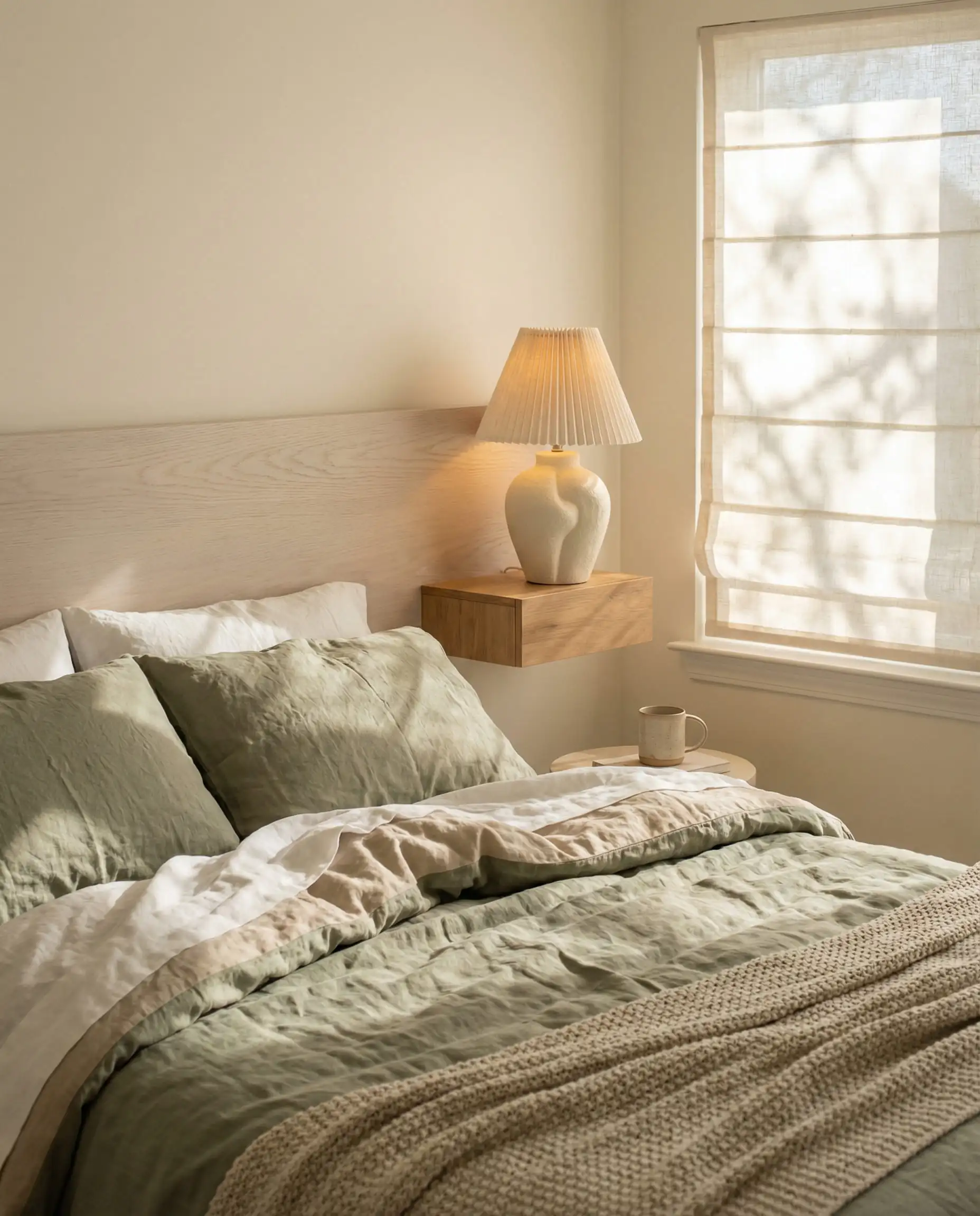 Serene master bedroom painted in Pantone Cloud Dancer with sage green linen bedding and white oak headboard.