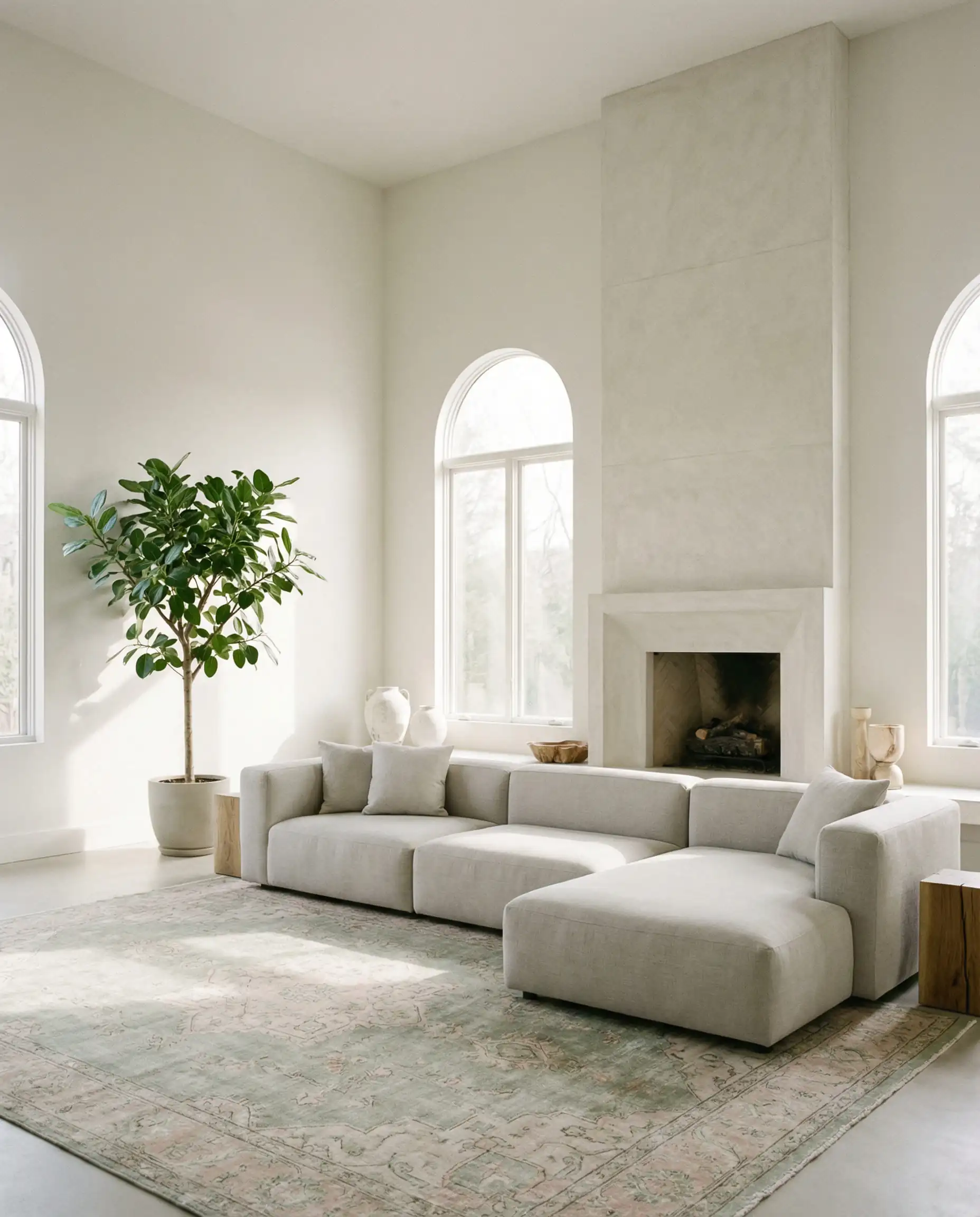Open-concept living room with walls painted in Pantone Cloud Dancer featuring a limestone fireplace and linen sofa.
