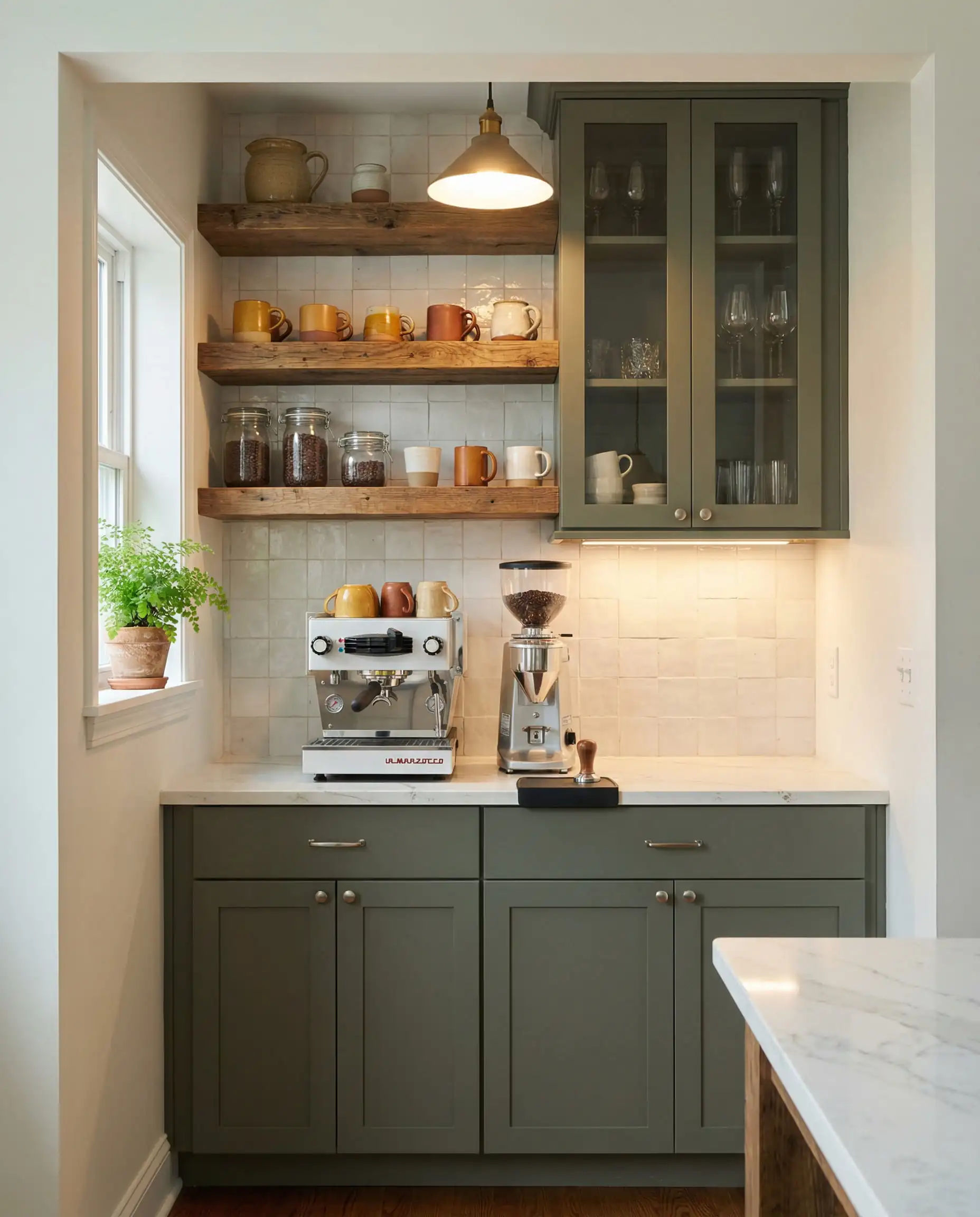 Built-in coffee bar nook with cabinets painted in Sherwin-Williams Pewter Green and reclaimed wood shelves.