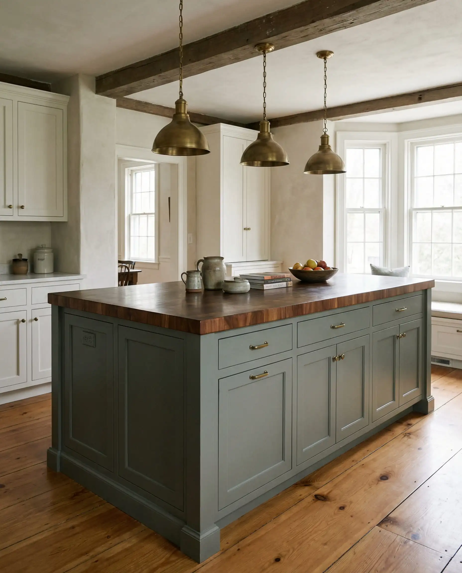 Large kitchen island painted in Sherwin-Williams Pewter Green SW 6208 with butcher block top.