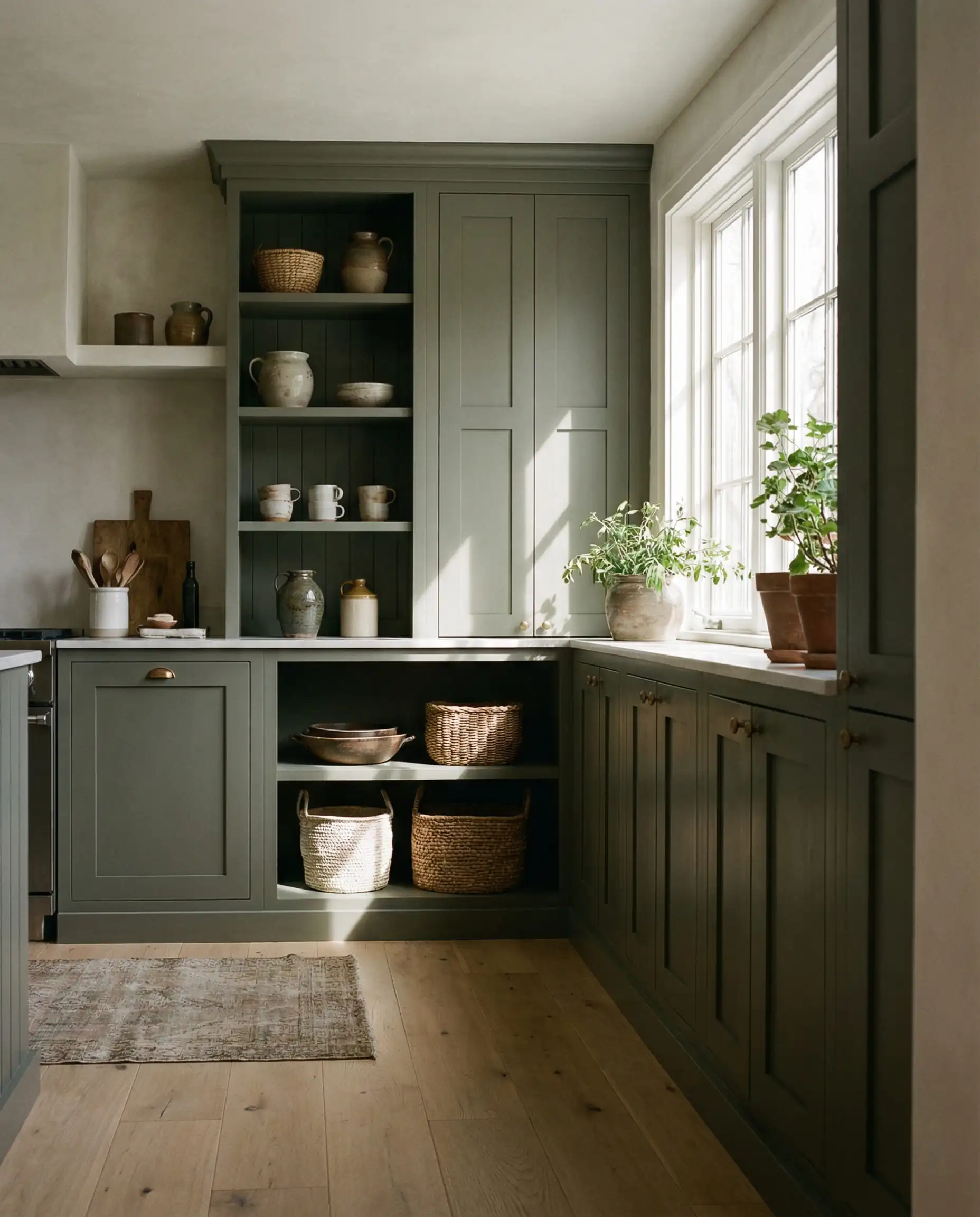 Sherwin-Williams Pewter Green cabinets paired with white oak flooring.