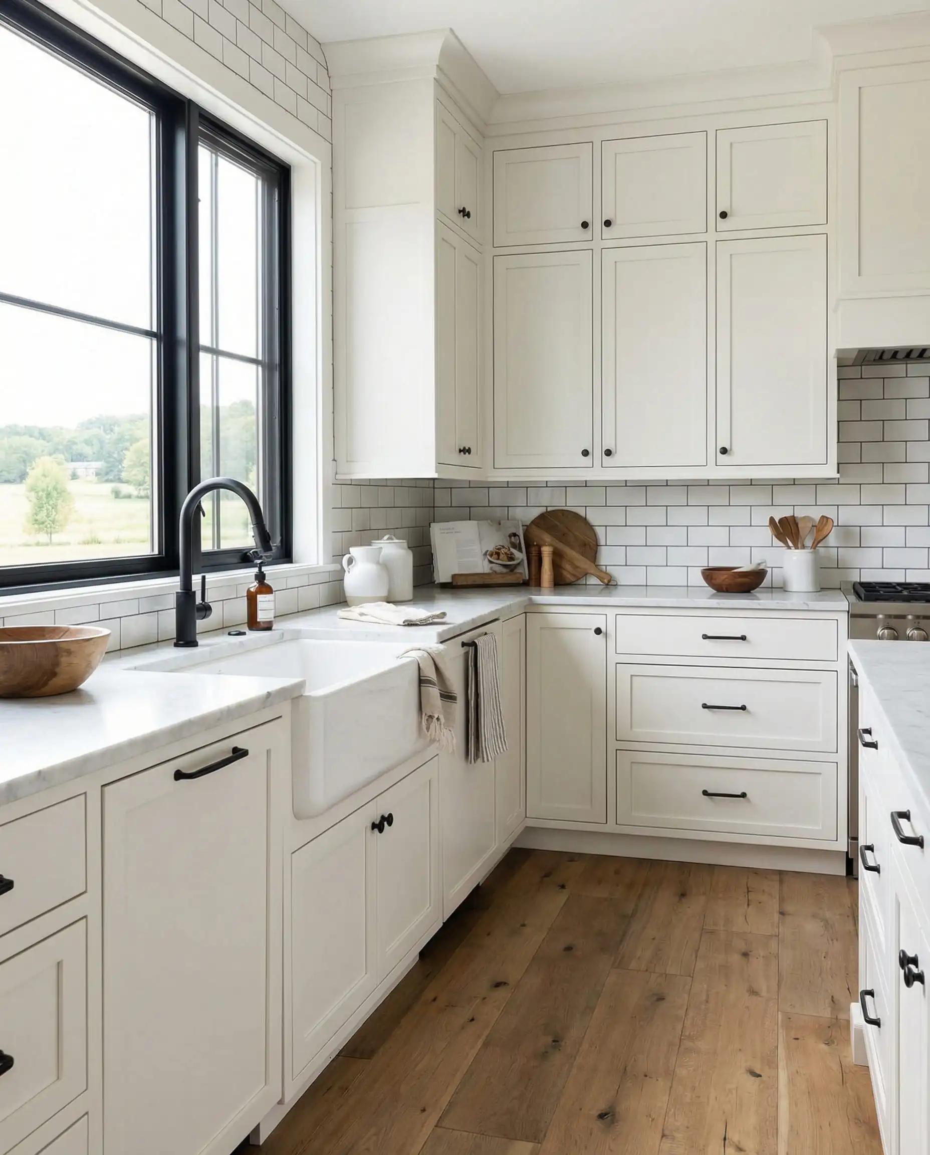 Crisp modern farmhouse kitchen with Sherwin-Williams Pure White SW 7005 cabinets and black hardware.