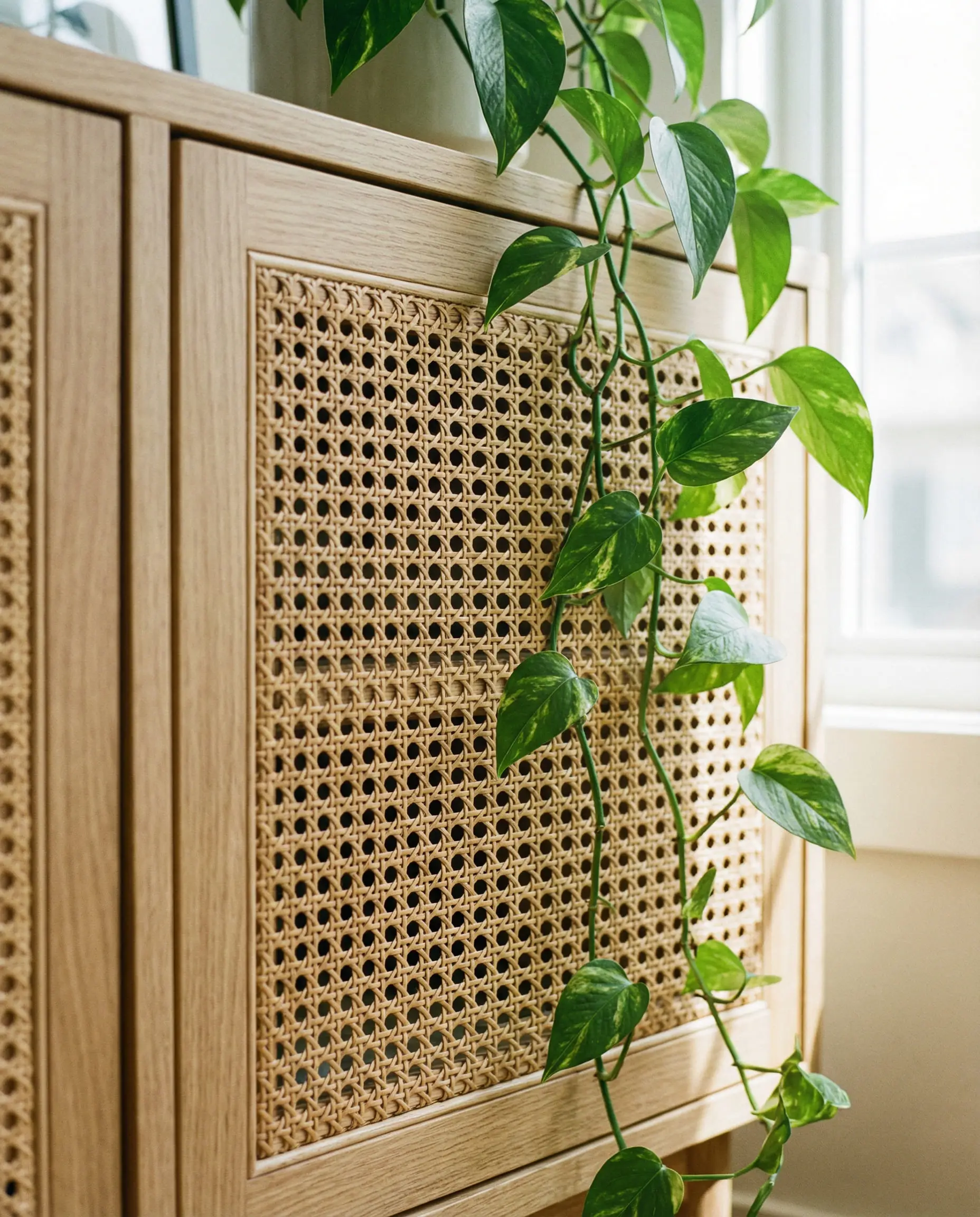 Close up of rattan webbing on a light oak sideboard.