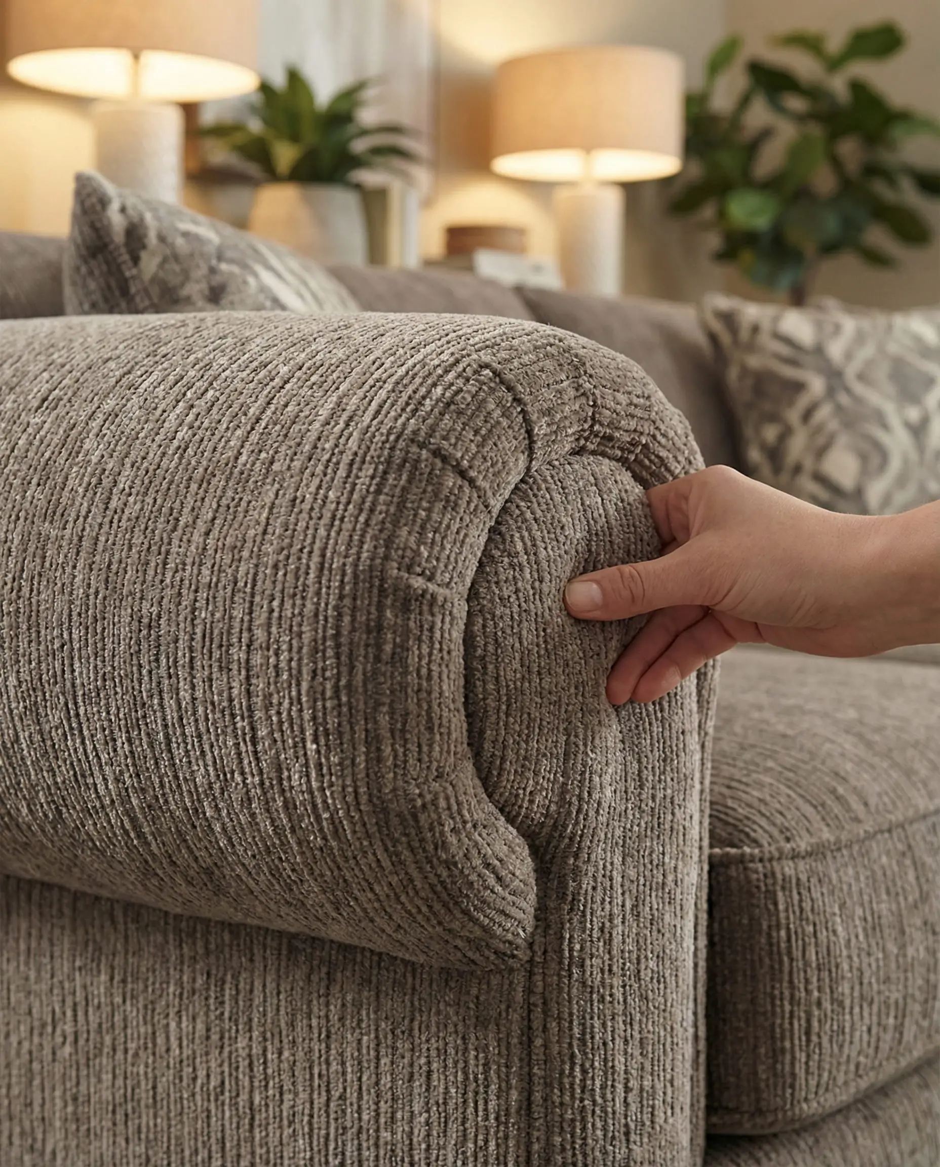 Close-up of exaggerated rounded sofa arm in taupe chenille fabric.