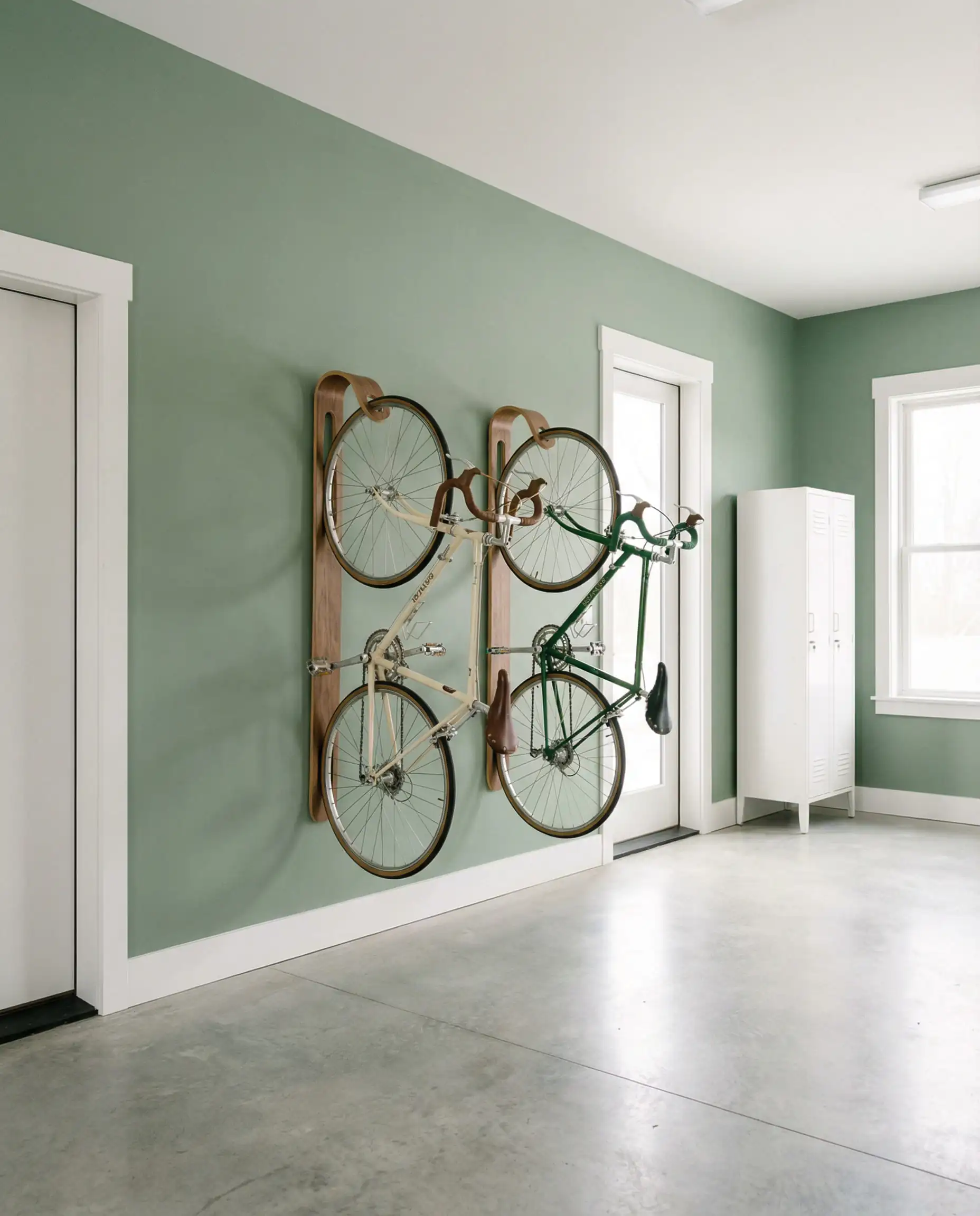 Wide view of a garage wall painted in warm sage green with white trim, featuring vertical wooden bike racks.