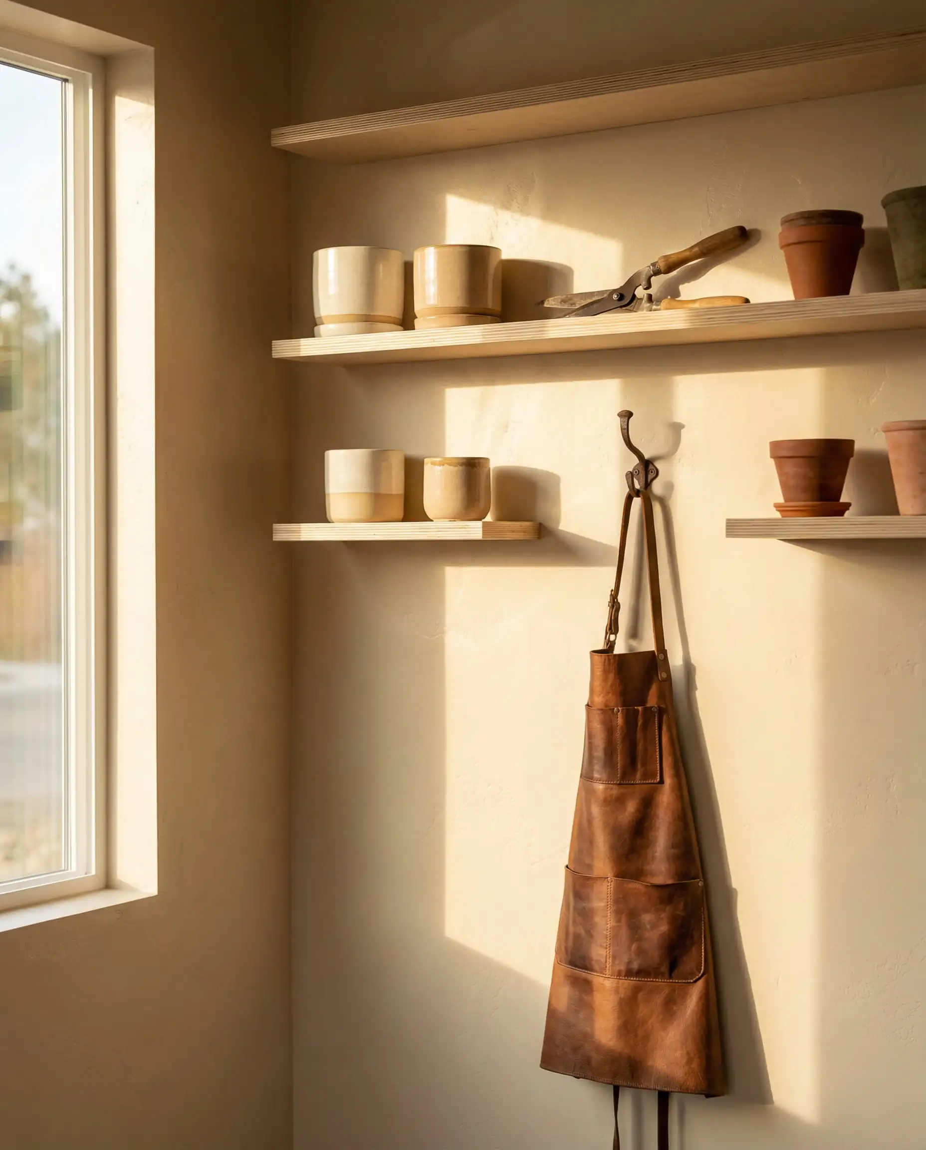Garage corner painted in Sandstone Beige with floating wood shelves holding gardening tools and ceramic pots.