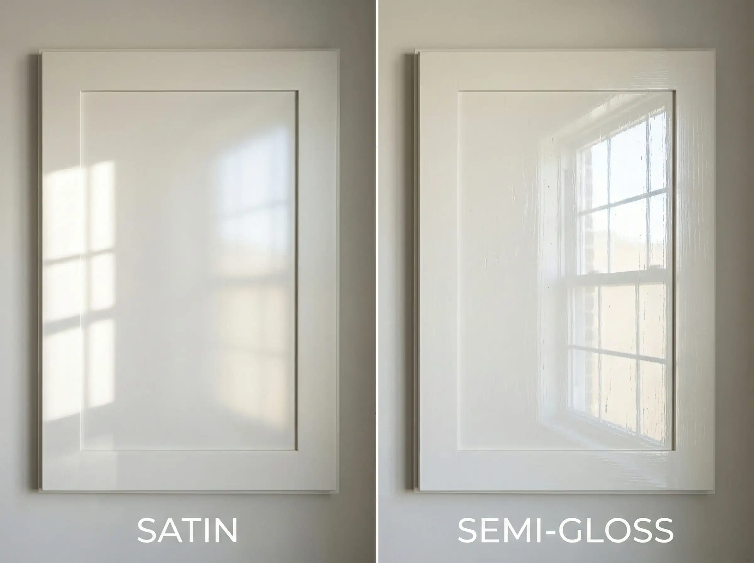 Side by side comparison of Satin vs Semi-Gloss finish on Sherwin-Williams Pure White cabinets.