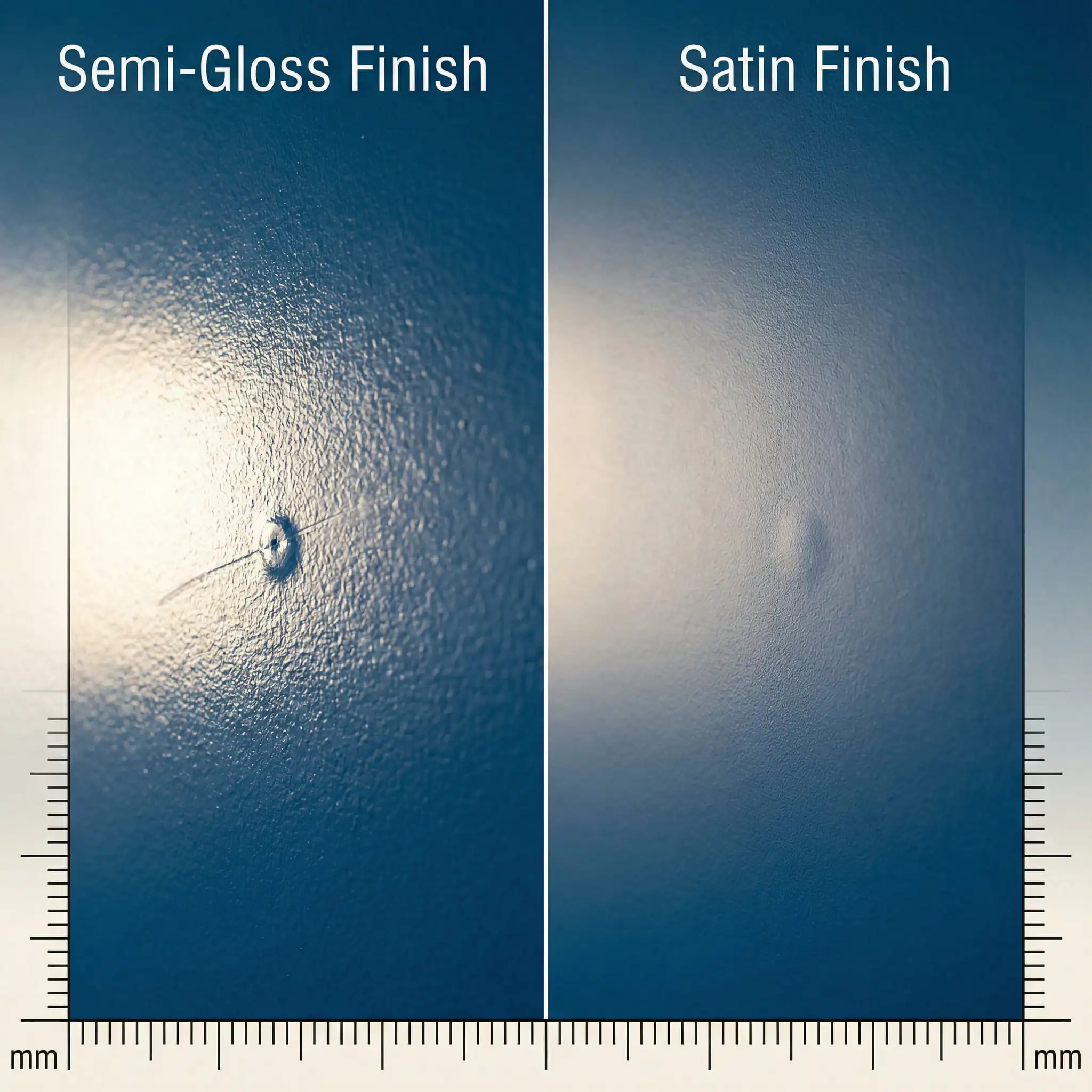 Macro comparison of painted drywall showing semi-gloss finish highlighting imperfections versus satin finish hiding them.
