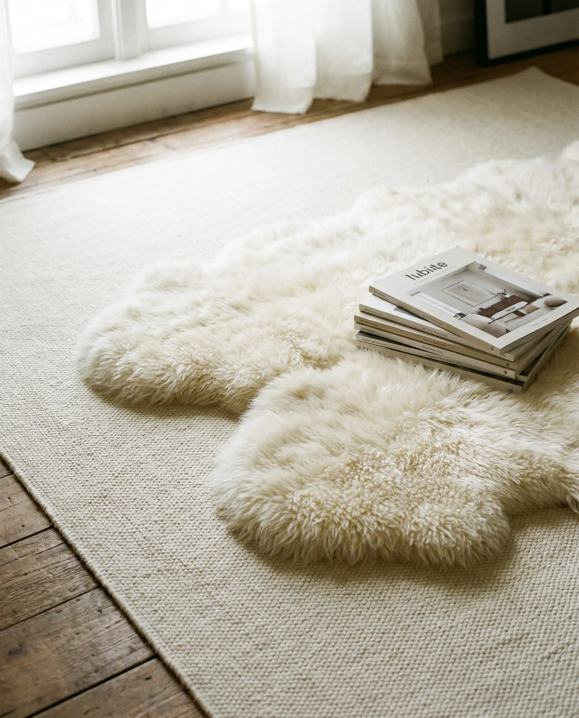 Sheepskin rug layered over a cream wool flat-weave rug.