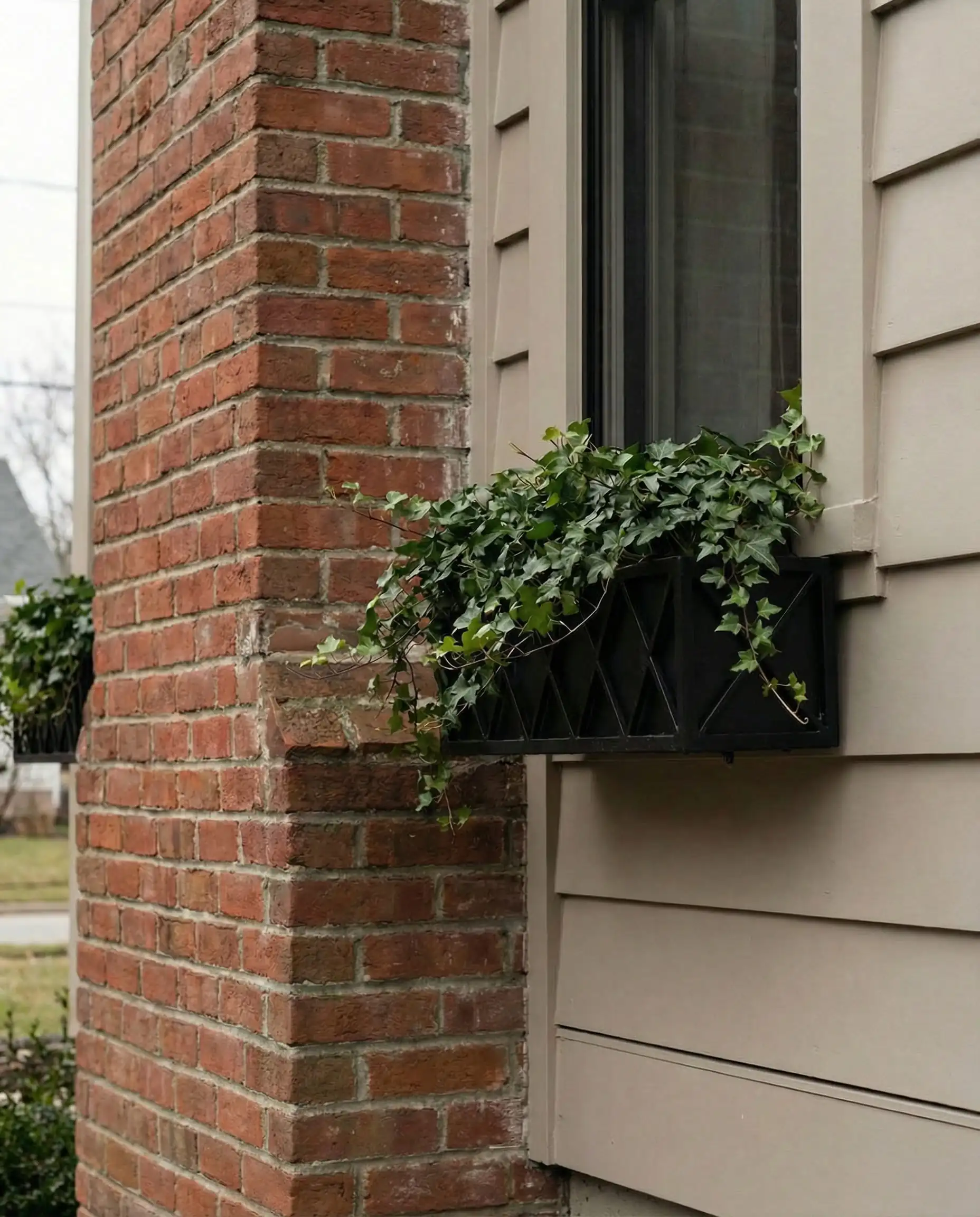 Sherwin-Williams Accessible Beige siding contrasting with a traditional red brick chimney.